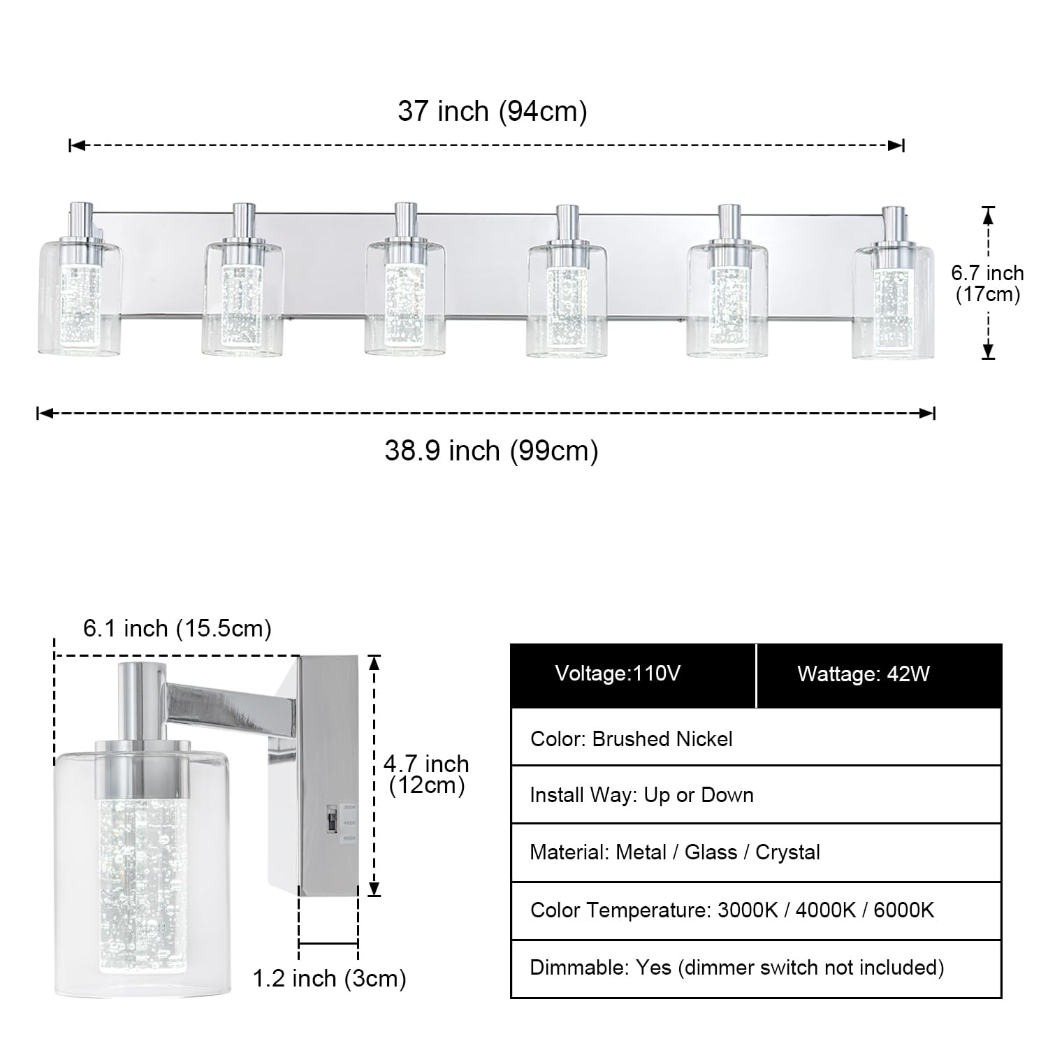 SineRise Vanity Light, Dimmable 6-Light LED Bathroom Fixture, Eye Protection, Chrome, 3 Color Modes (3000K/4000K/6000K), Model S002