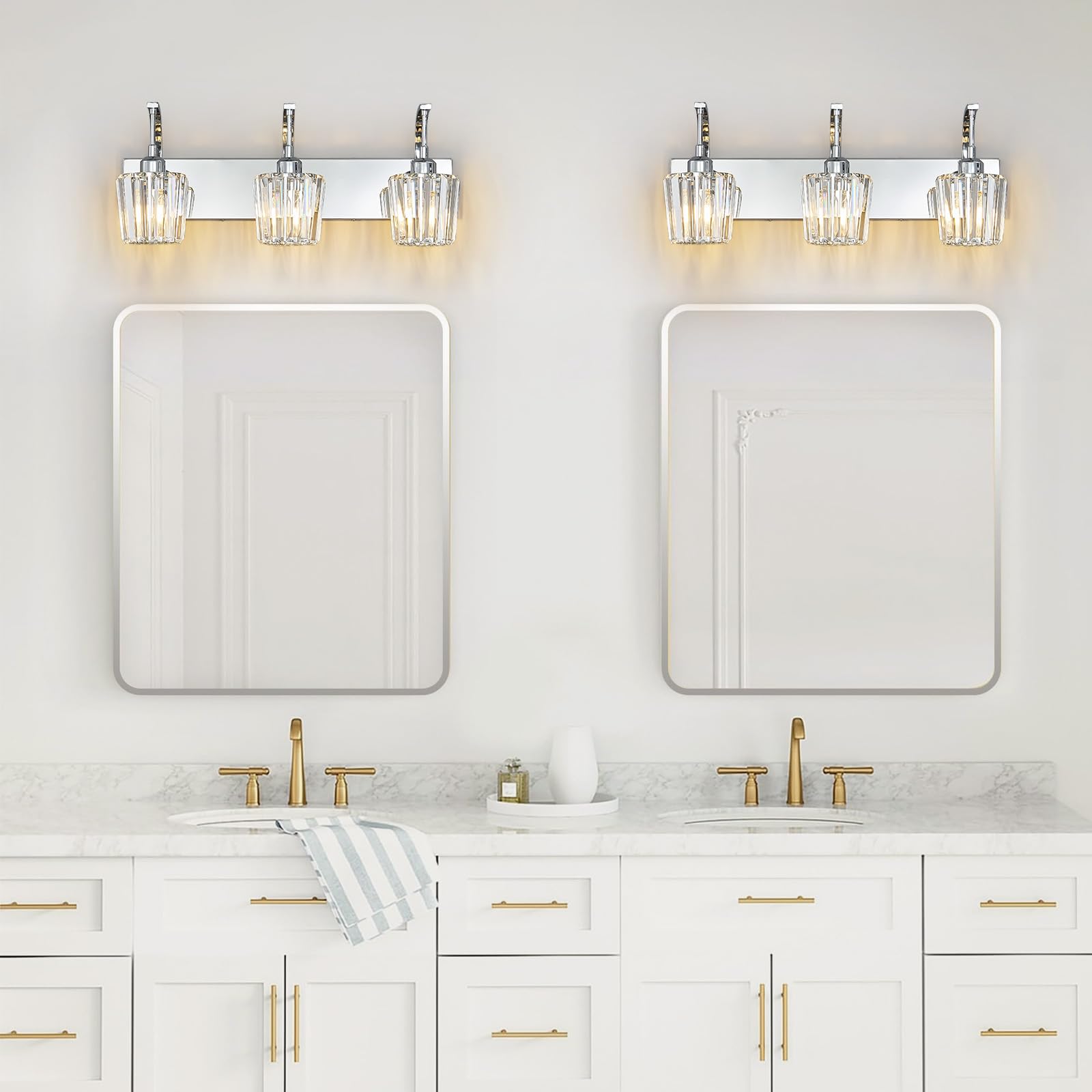 Fdpby Modern Bathroom Vanity Light  3-Light Chrome Wall Sconce With Crystal Accents  Over Mirror Bathroom Lighting Fixture  23.62 Long Dimmable Vanity Lamp For Makeup  Easy Installation