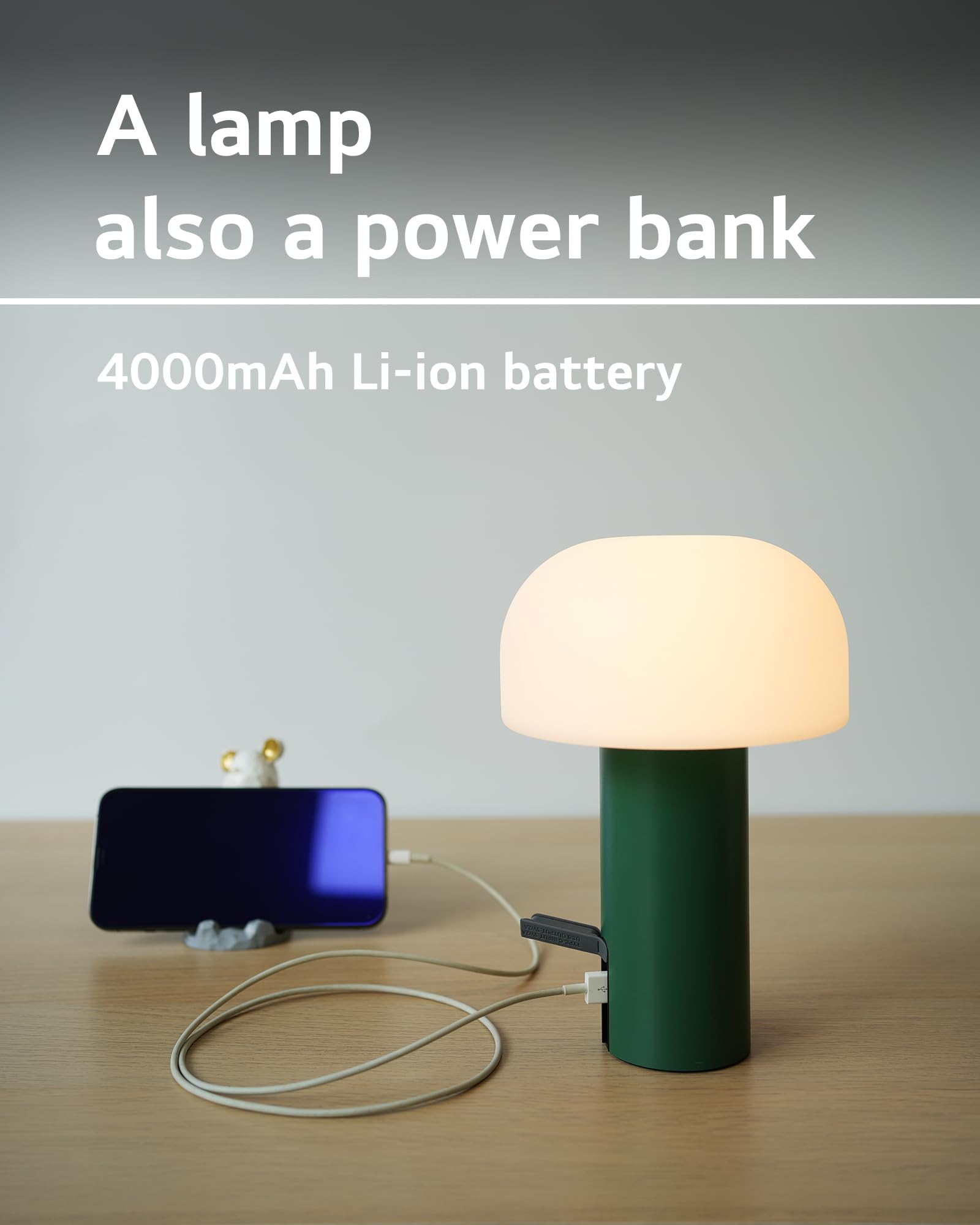 WEILAILUX Cordless Mushroom Table Lamp, Waterproof, Rechargeable, Touch Dimmable, Green, Model WL-3760