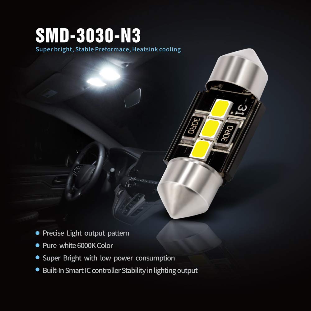 Sir Ius Led N3 De3175 Led Bulbs Pure White Super Bright Led Festoon 300 Lumens 3030 Chipset For Car Truck Interiors Dome Map Door Courtesy Lights 1.25” 31Mm Festoon Pack Of 6 Bulbs