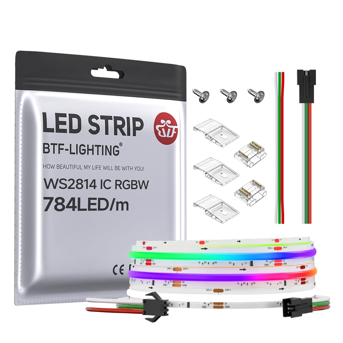 BTF-LIGHTING FCOB WS2814 IC RGBW 6000K COB LED Strip Flexible High Density Uniform Chasing Color Light 9.8FT DC24V 784LED/m 14IC