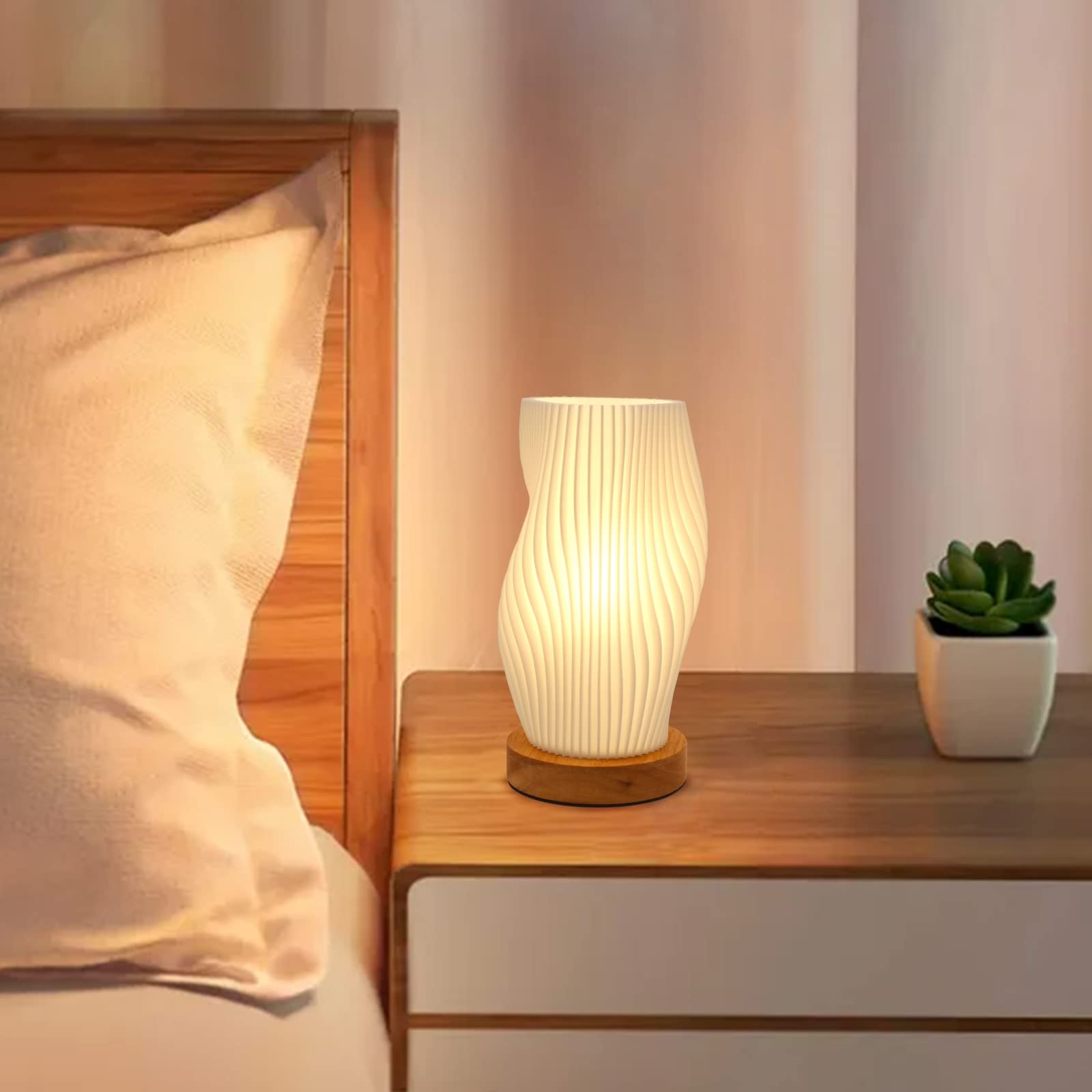 Zenply Small Vintage Striped Table Lamp, Wood, Warm-SM, Mini Bedside Light for Kids Room, Office, Dorm, Living Room