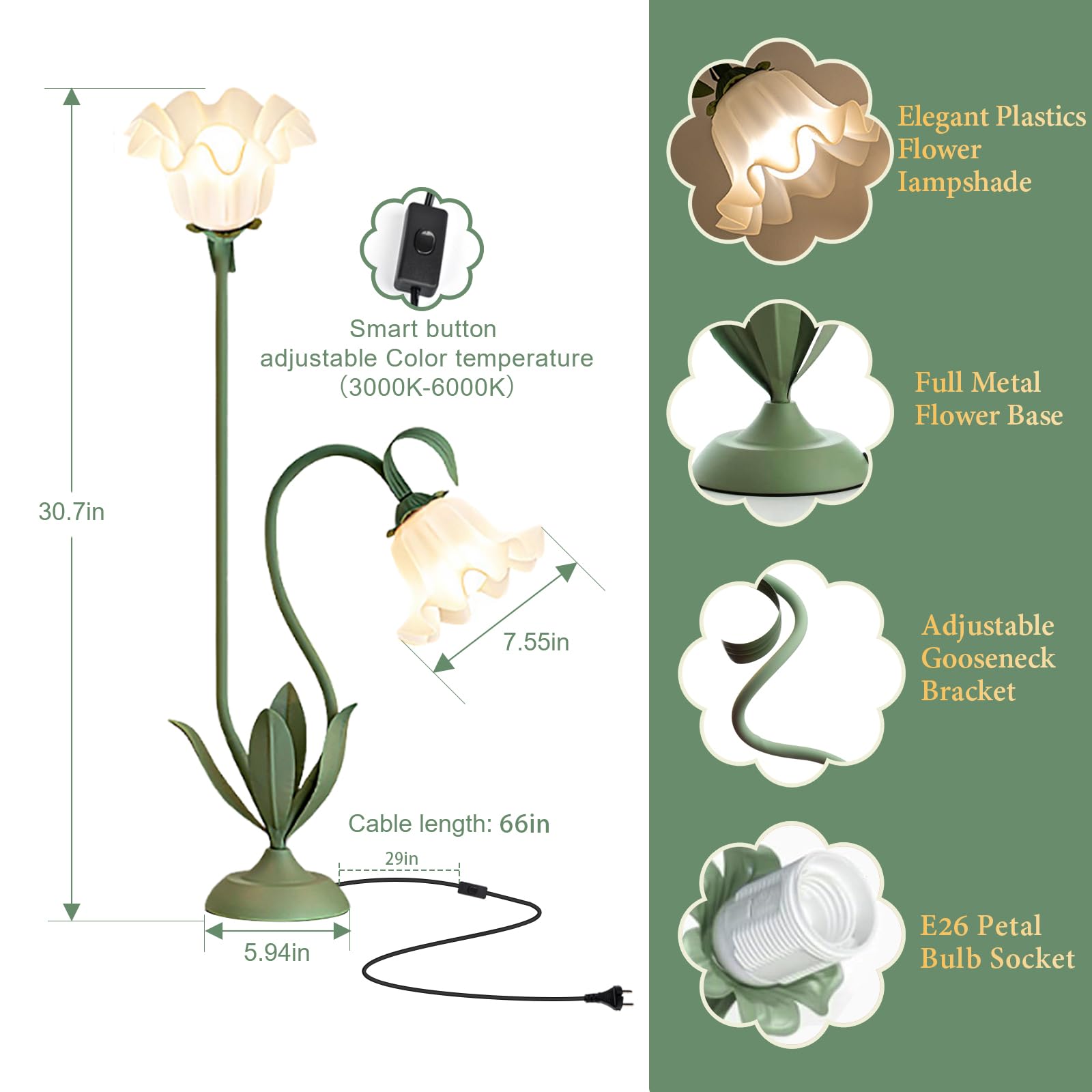 Cute Flower Table Lamp  Large Vintage Bedside Flower Lamp  3 Colors Temperature Flower Lamp For Bedroom Living Room Bedside Reading Lighting Table Desk Lamps Home Decoration (Green)