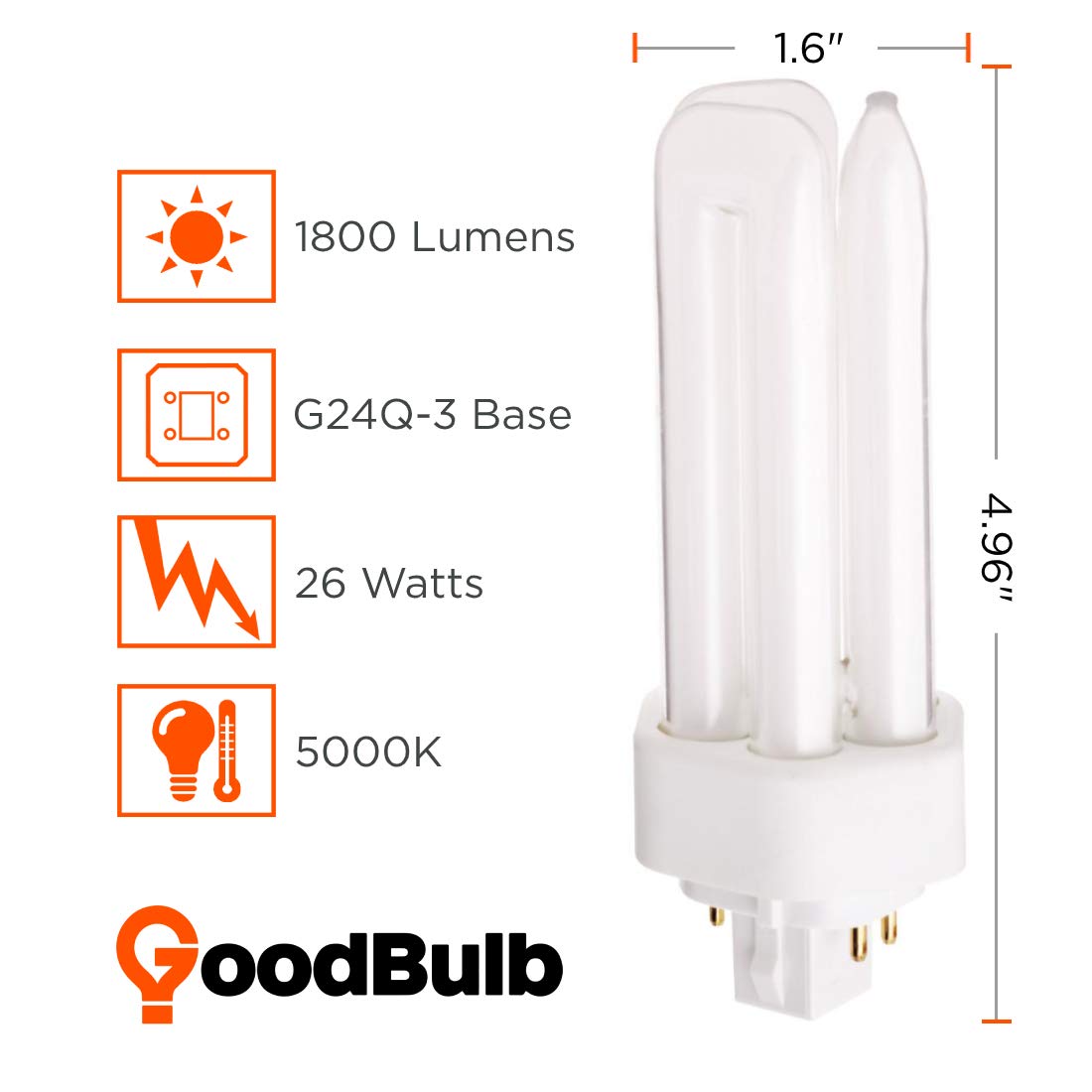 Goodbulb 26 Watt Cfl Light Bulbs 4 Pin Gx24Q-3 Base 5000K Daylight 26W High Output 1800 Lumens Triple Tube Compact Fluorescent Light Bulbs Plug-In Car Dealership Lighting 10 Pack