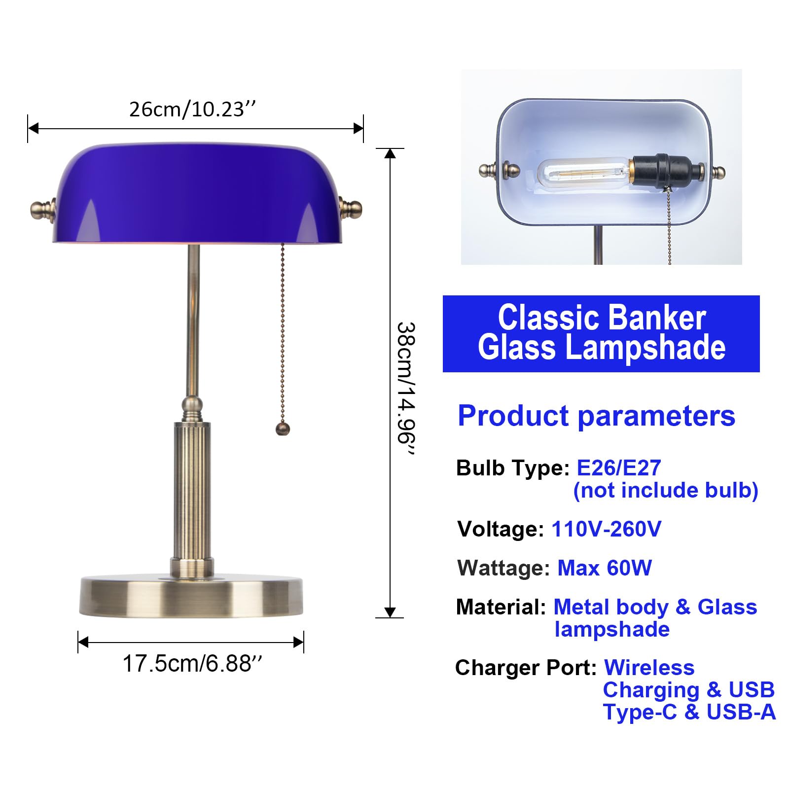 FIRVRE Bankers Lamp with2 USB and Wireless Charging Port,Pull Chain Switch Blue Glass Desk Lamp, E26 Base,Traditional Library De