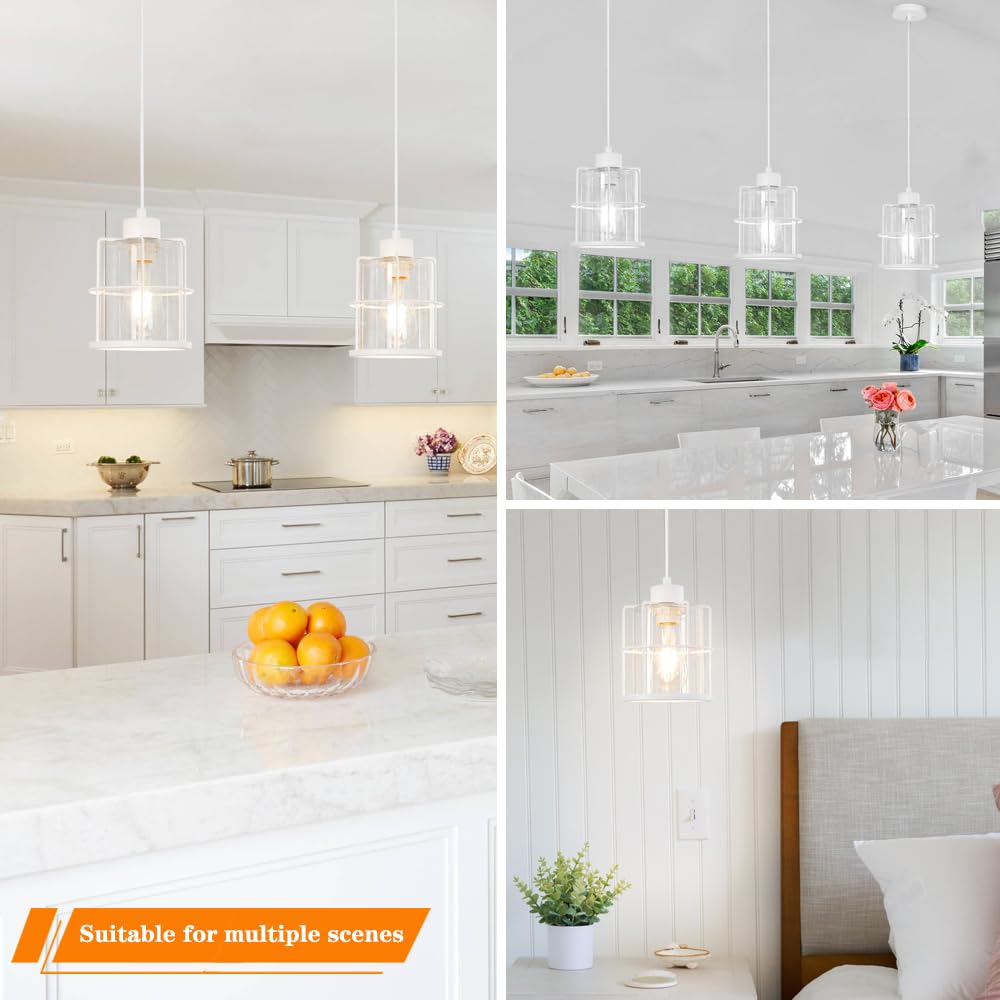 Modern White Industrial Pendant Light Fixtures, Clear Glass Cage Pendant Lights Kitchen Island, Adjustable Cord Medium Milk Hang