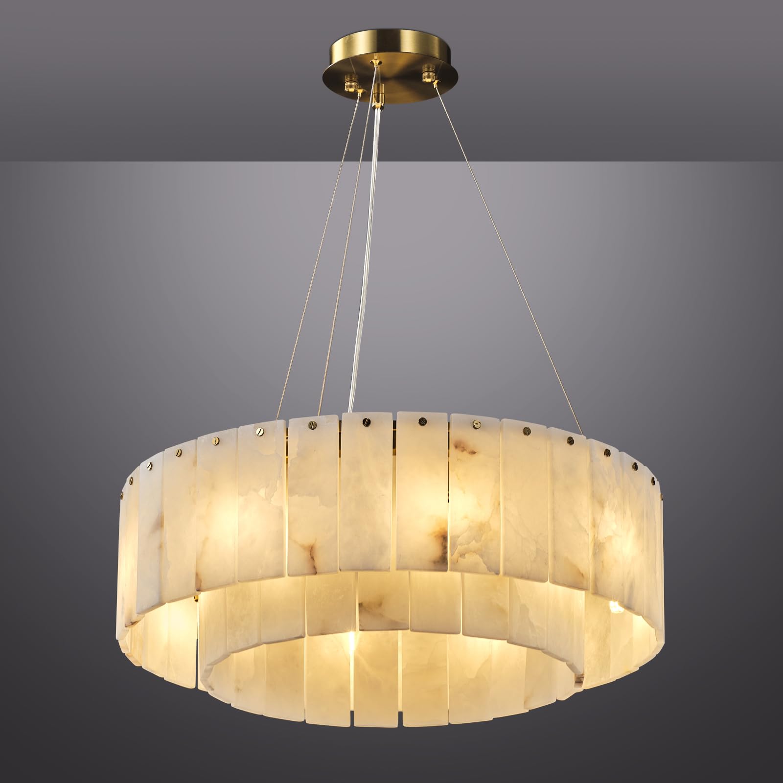 YIOSI D23in Alabaster Round Chandelier  Modern Marble Dining Room Chandeliers  2 Tiers Brass Drum Pendant Light Fixtures  Gold Ceiling Light Chandelier for Living Room  Bedroom Lights  Foyer  Kitchen