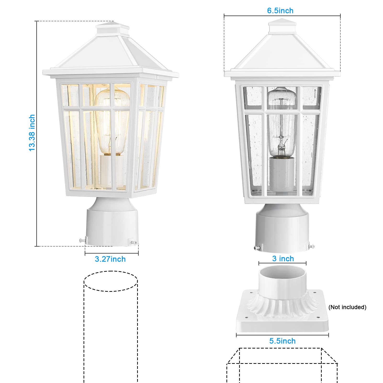Darkaway Outdoor Post Lights, Waterproof Aluminum, Glass Fixture, 2 Pack, White, Model 6X16P-2PK WH