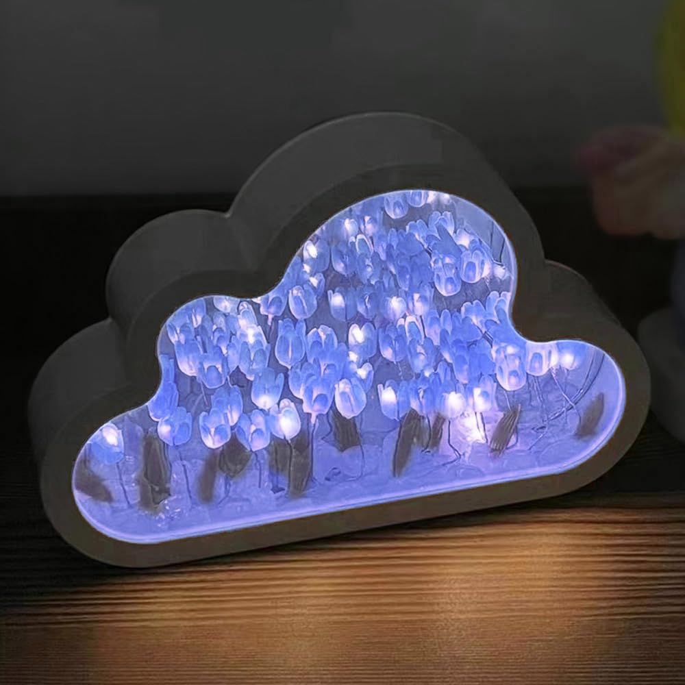 Logazoo (20 Flower) Tulip Lamp Night Light With Mirror  Assembled Artificial Flower Lamp Table Light Bedroom Decoration Gift For Women Girlfriend Sisters Desk Table Decor  Cloud Design (Blue)
