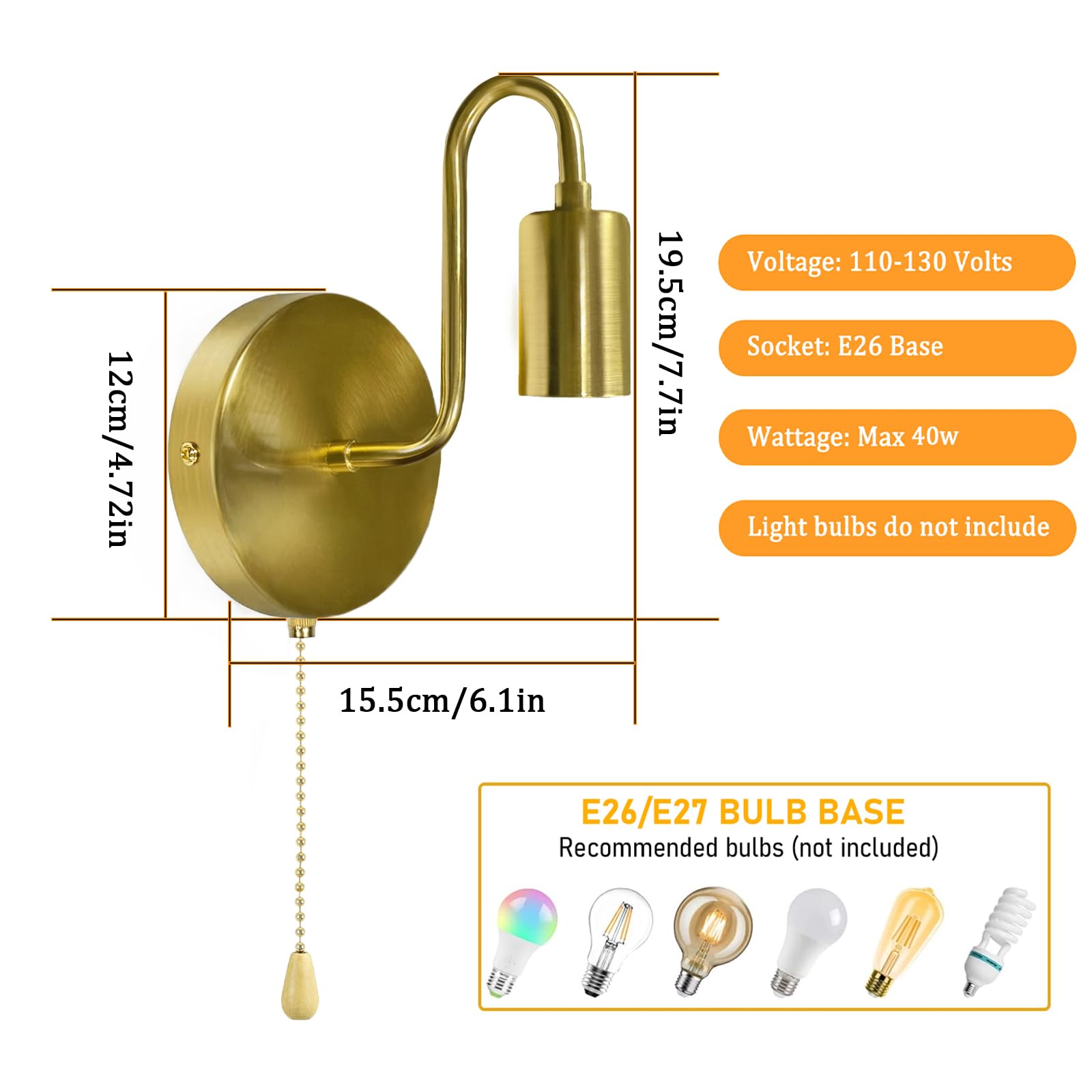 Dtiedy Hardwired Wall Sconce With Pull Chain Set Of 2 Gold Wall Lights Fixtures With On Off Switch E26 Vintage Metal Indoor Wall Lighting For Mirror Hallway Bedroom  No Bulb