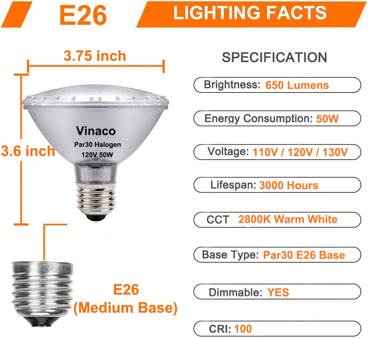 Vinaco PAR30 Halogen Flood Light Bulbs, 50W, 6 Pack, Warm White 2800K, Dimmable, E26 Base, Indoor/Outdoor Use