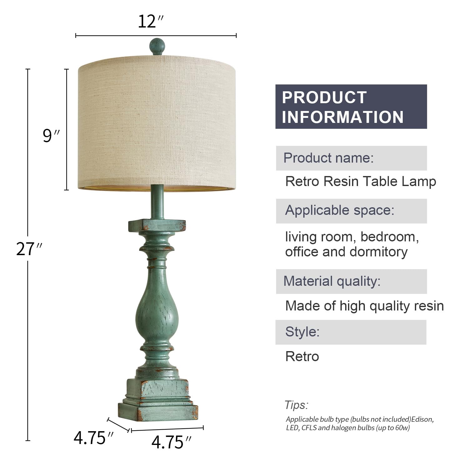 BOBOMOMO 27" Farmhouse Table Lamp Set of 2, Vintage Rustic Resin, Antique Green, USB A+C, Model AMZ-T279USB-GRN