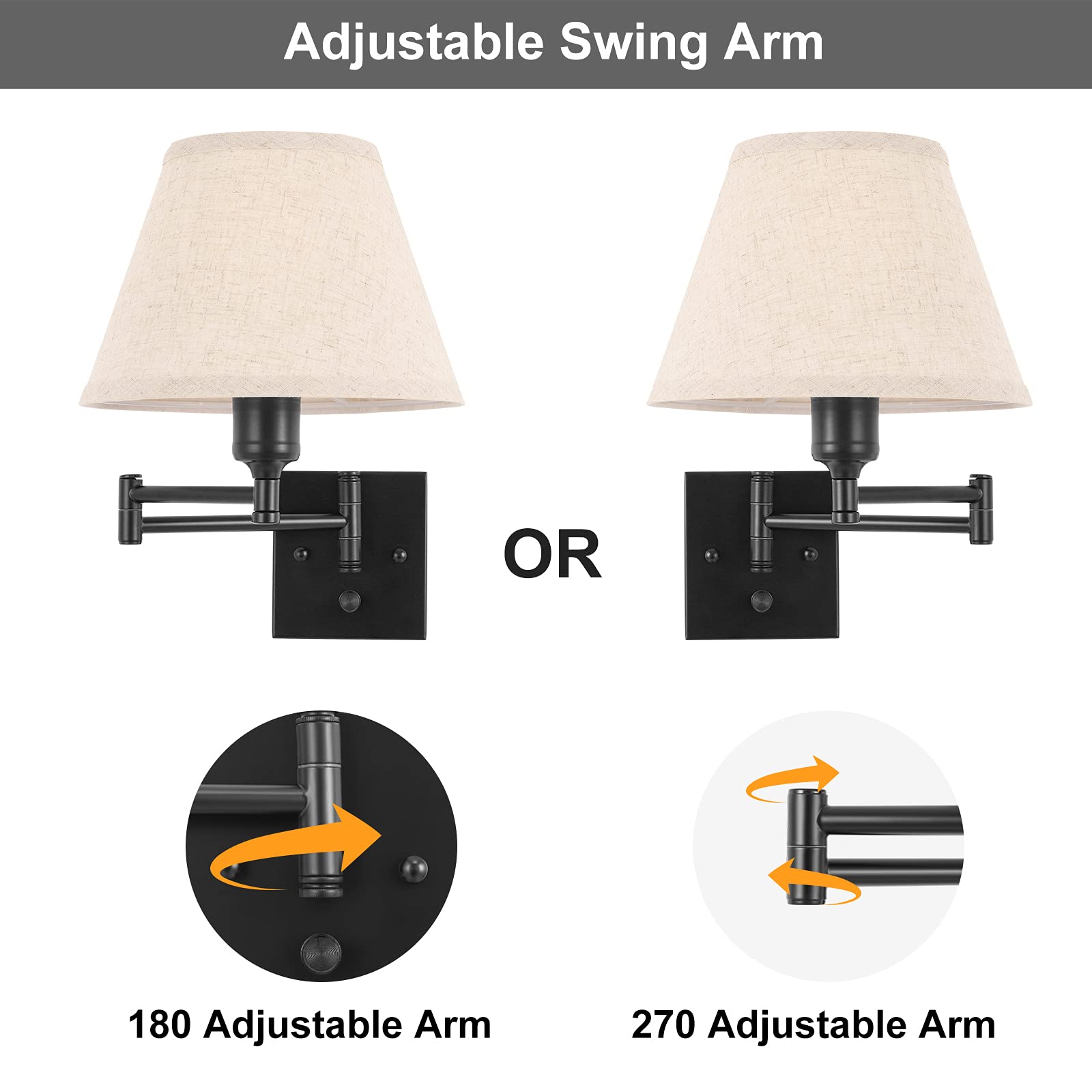 TRLIFE Wall Sconce Set of Two, Dimmable Swing Arm Lights, Medium Beige Fabric Shade, Metal, Model BYsconce-M-Bei