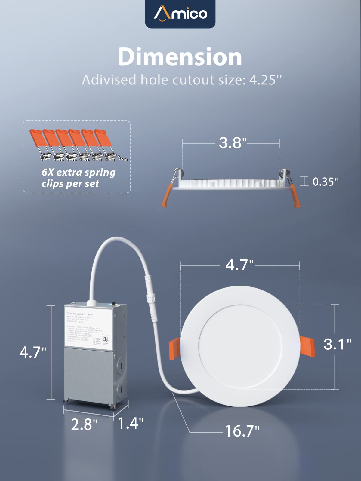 Amico 16 Pack 4 Inch Ultra-Thin LED Recessed Ceiling Light, 5CCT Dimmable, 11W, 800LM Brightness, Metal, 2700
