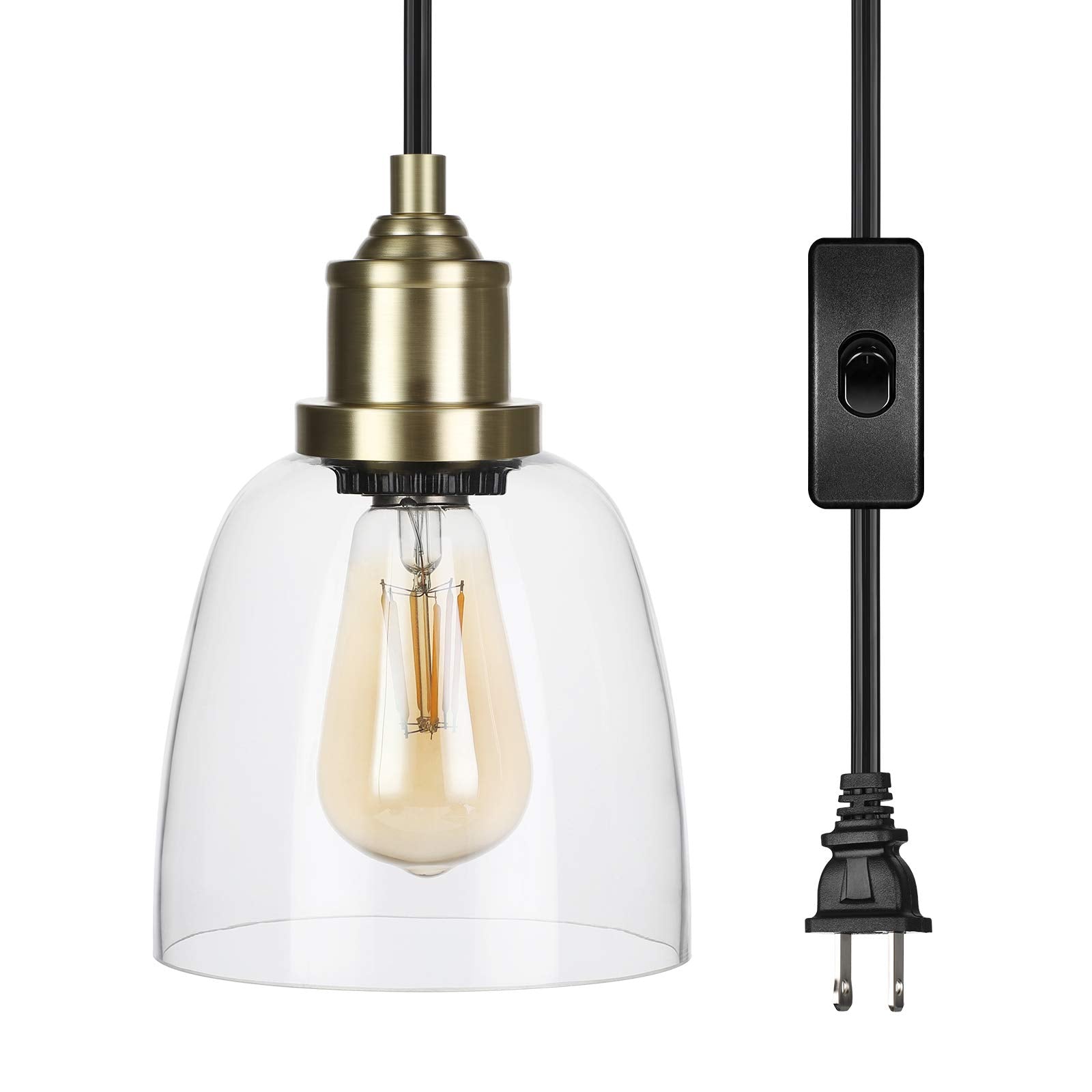 DEWENWILS Plug in Pendant Light, Hanging Light with 15ft Adjustable Cord, On/Off Switch, Clear Glass Shade, Hanging Light Fixtur