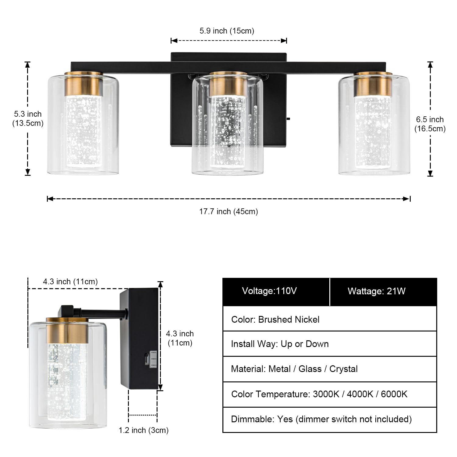 Sinerise 3-Light Black And Gold Vanity Light With 3 Color Modes (3000K/4000K/6000K), Eye Protection Led Bathroom Light Fixture,
