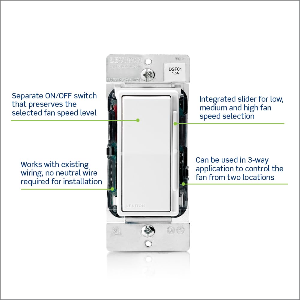 Leviton Decora Slide Ceiling Fan Wall Switch, Quiet 3-Speed Fan Control, 1.5 Amps, Dsf01-10Z, White With Ivory And Light Almond