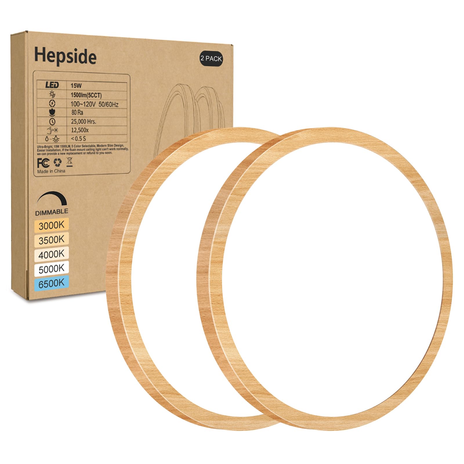 hepside 2Pack LED Flush Mount Ceiling Light Fixture  7Inch 15W  Dimmable&3000K/3500K/4000K/5000K/6500K Adjustable Low Profile Ceiling Lights  Round Flat Ceiling Light for Closet Kitchen Hallway-Wood