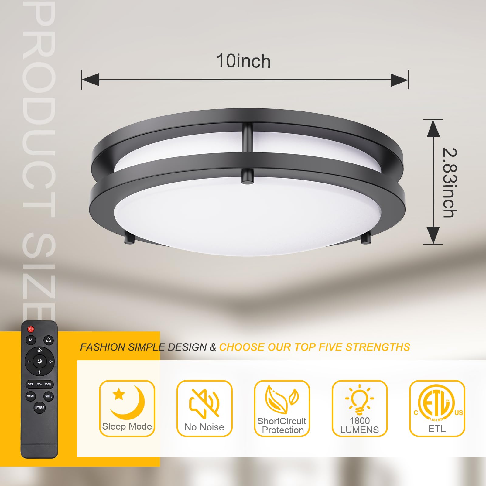 Kalium LED Ceiling Light Fixture, 10 Inch, 18W Dimmable, Adjustable 3000K-6000K, Matte Black, Hardwired, Model Kalium