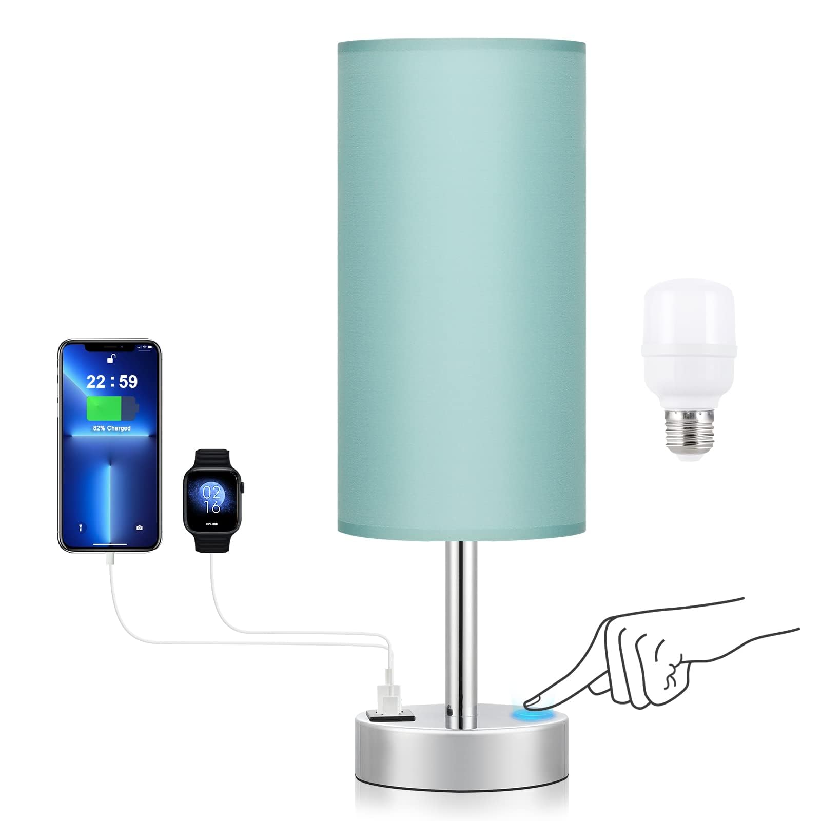 Teal Touch Bedside Lamps for Bedroom - Small Nightstand Lamp with USB-C and USB A Charging Ports, 3 Way Dimmable Control Table L