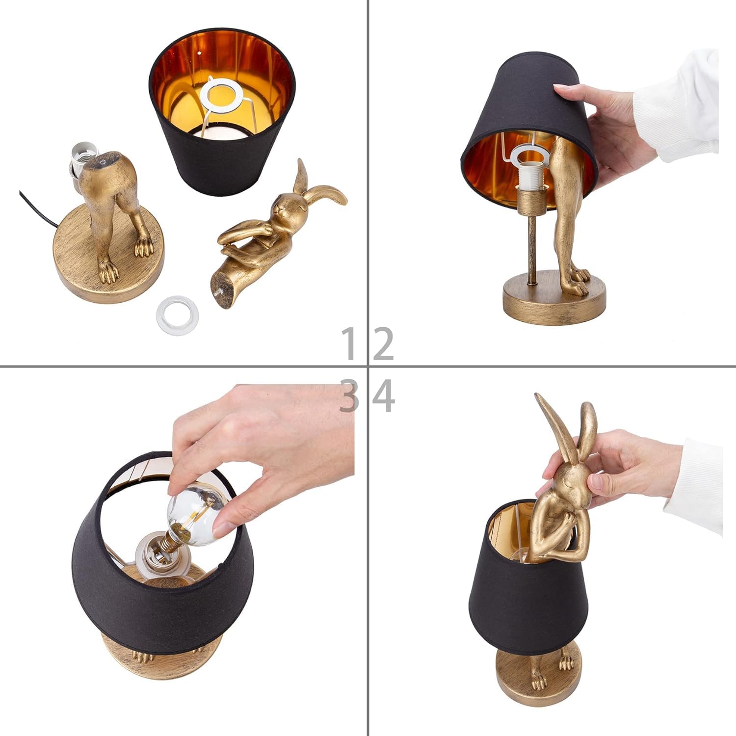 YHT Bunny Table Lamp,Cute Animal Rabbit Lamp,15.7 Vintage LED Desk Light with Linen Lampshade,Gold Main Part Beside Lamp for Bed