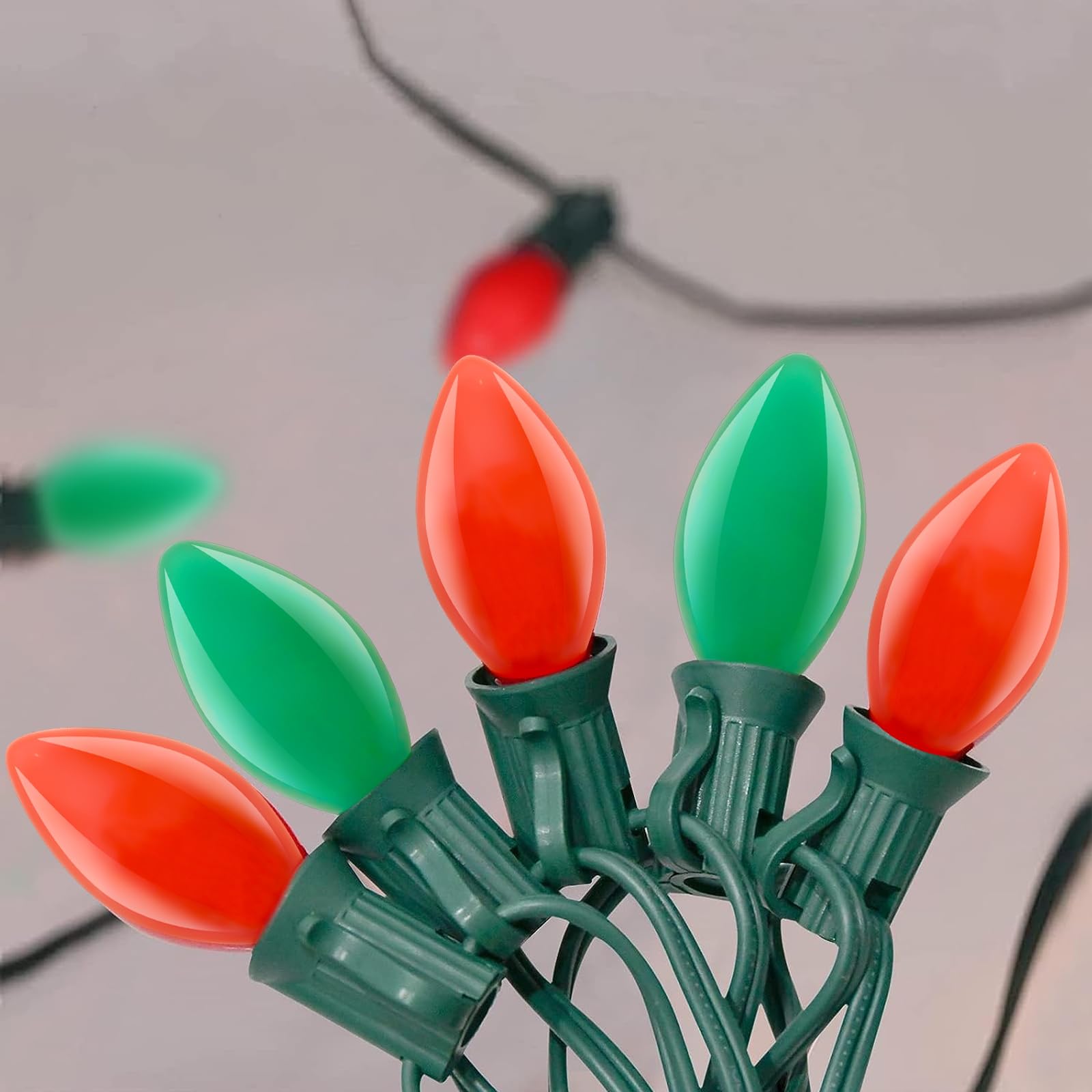 SUNSGNE C7 LED Christmas Lights Outdoor, 25ft Vintage Christmas Lights with 27 LED Red Green Plastic Bulbs(2 Spare), Hanging Chr