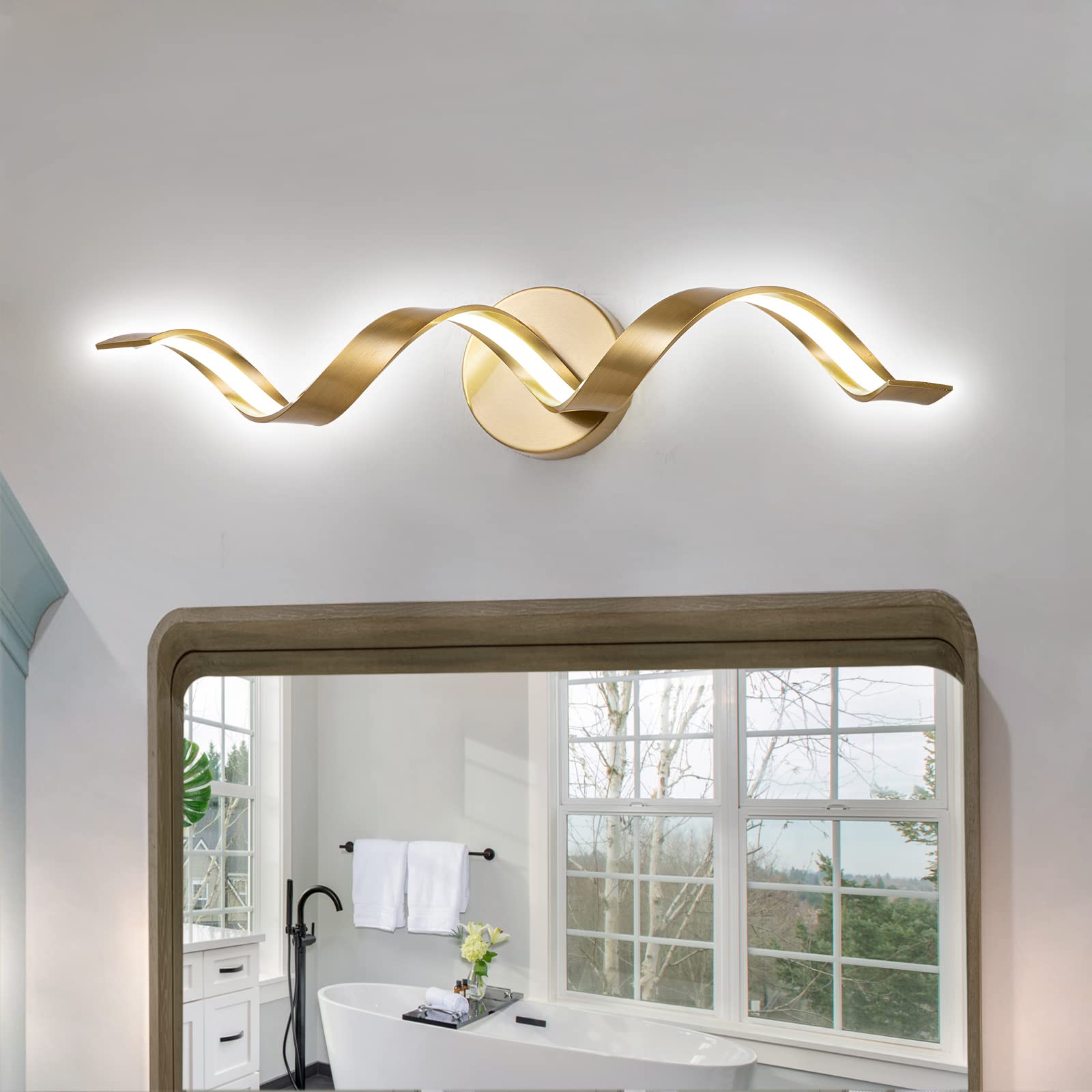 Huoku 24" Dimmable Gold Led Bathroom Light, Spiral Design Vanity Fixture, 15W Cold White 6000K