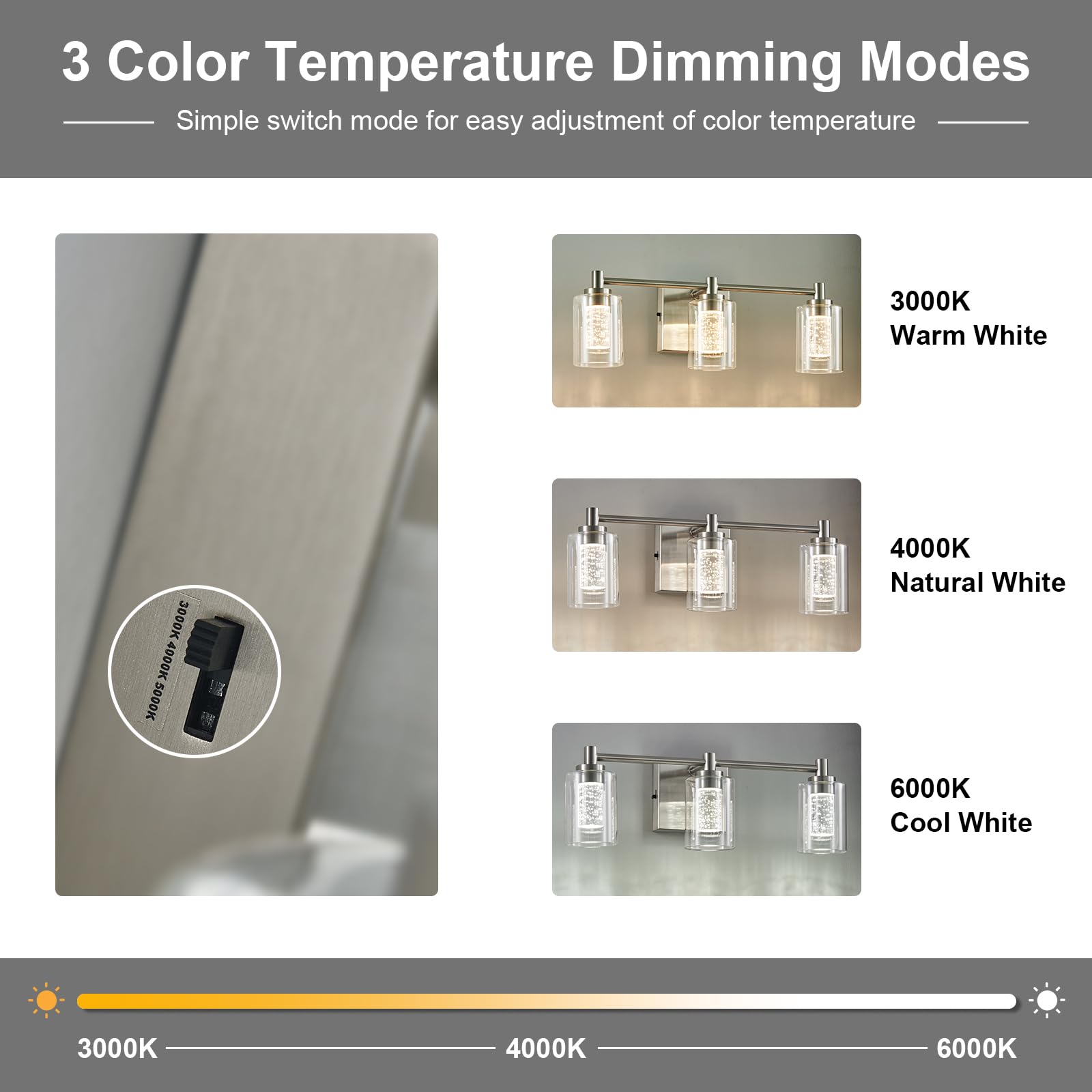 Myhaptim Bathroom Vanity Light Brushed Nickel 3 Light Bathroom Light Fixture, Clear Glass Shade, Crystal Bubble, Dimmable Led Va