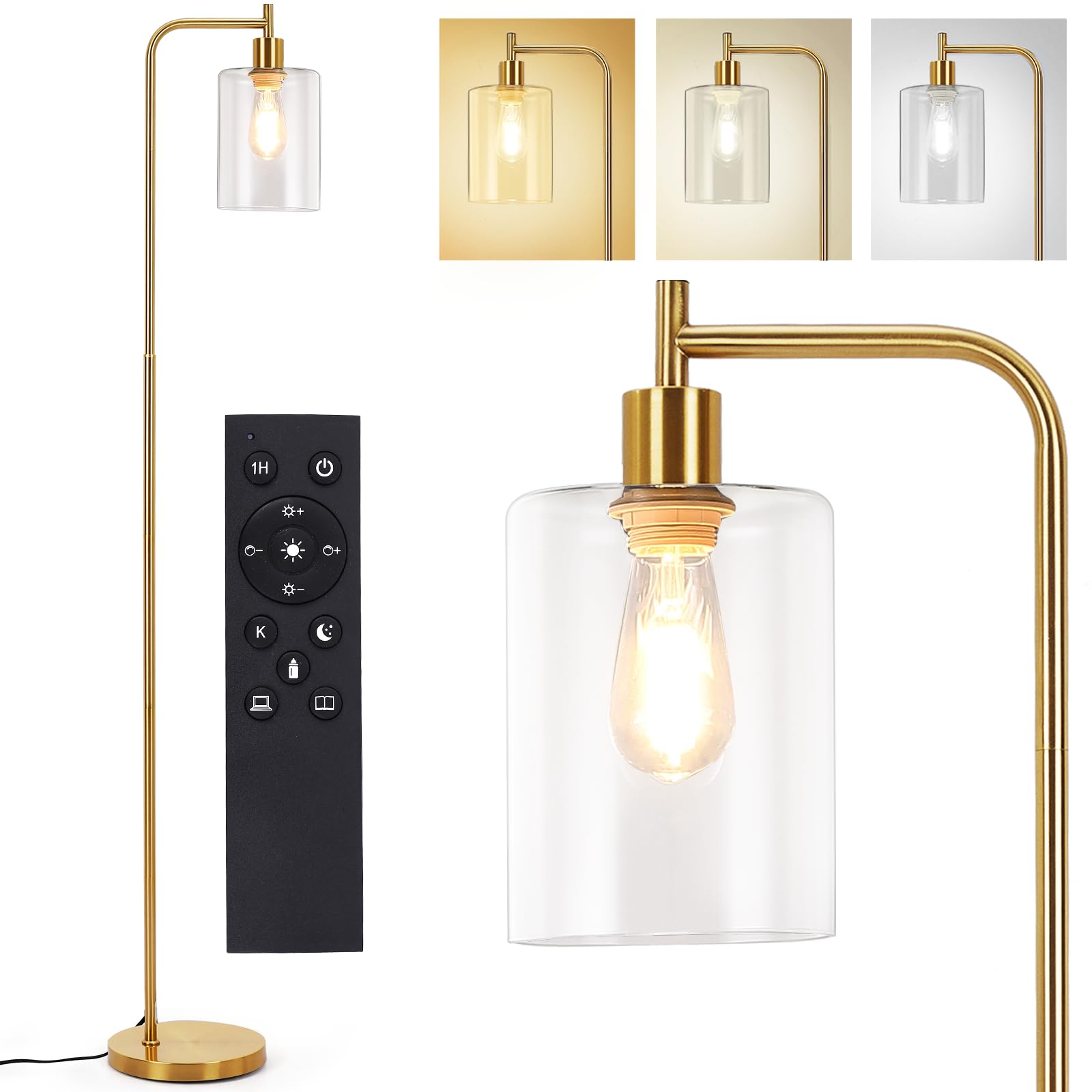 Litake Industrial Floor Lamp, Dimmable Modern Standing Lamp, Gold, Metal, KL-F014(GOLD), with Clear Glass Shade and Remote Control