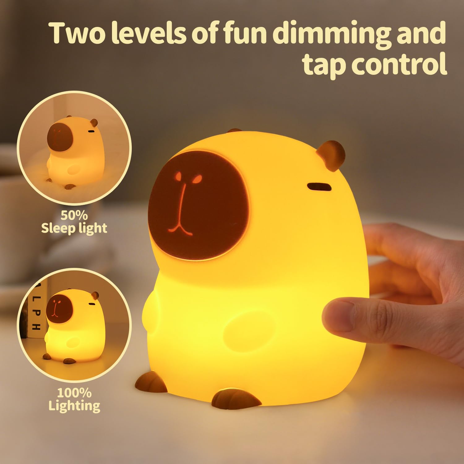 Daixinde Capybara Night Light, Cute Squishy Silicone Night Light for Kids, Long-Lasting Rechargeable, Tap to Adjust Brightness,