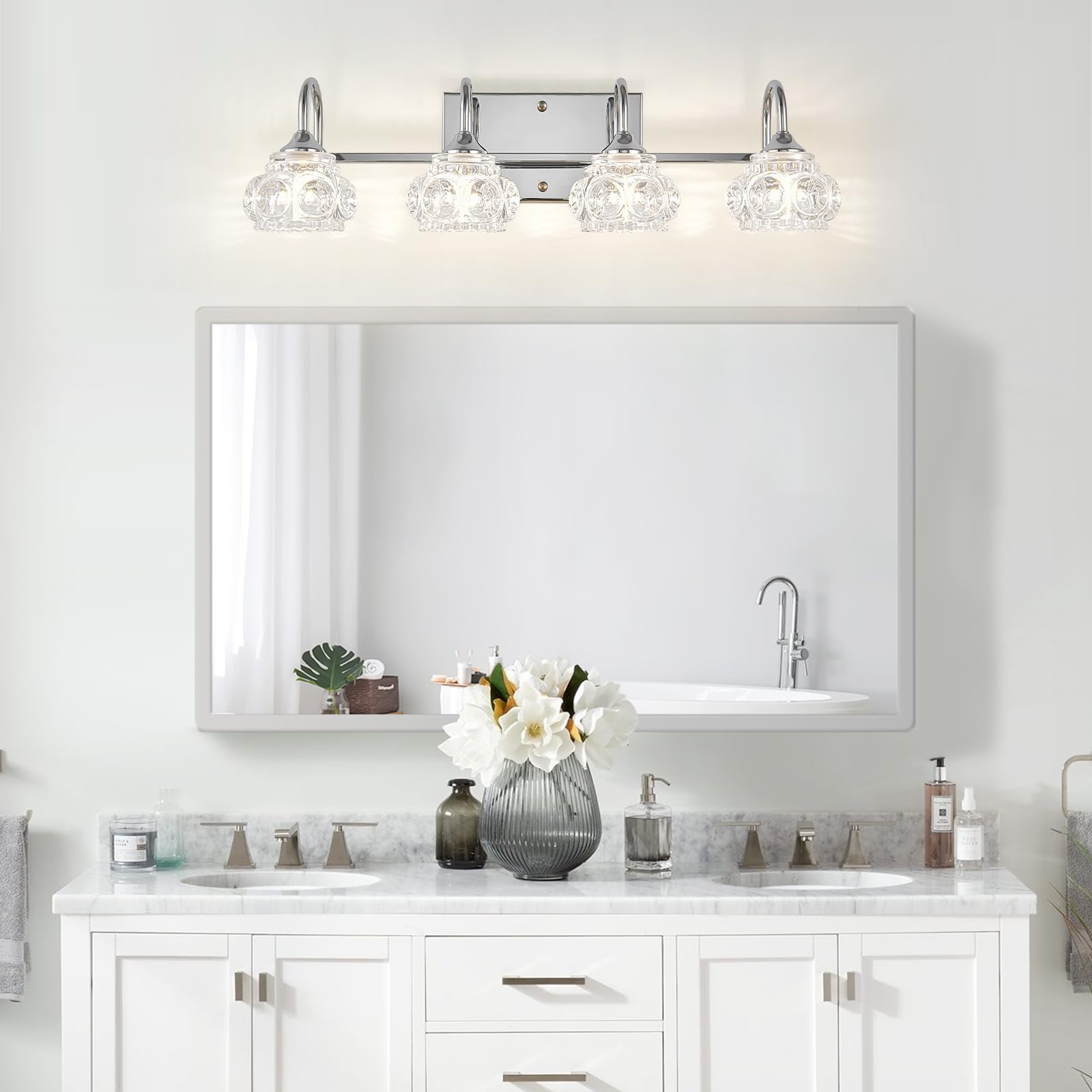 Dikaida 4-Light Bathroom Lighting Fixtures Over Mirror, Polished Chrome Modern Vanity Lights With Crystal Glass Shade, Over Mirr