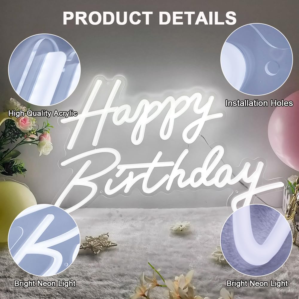Colysor Happy Birthday Neon Sign, LED Wall Decor, Dimmable, 23x14inch, White, Model 001