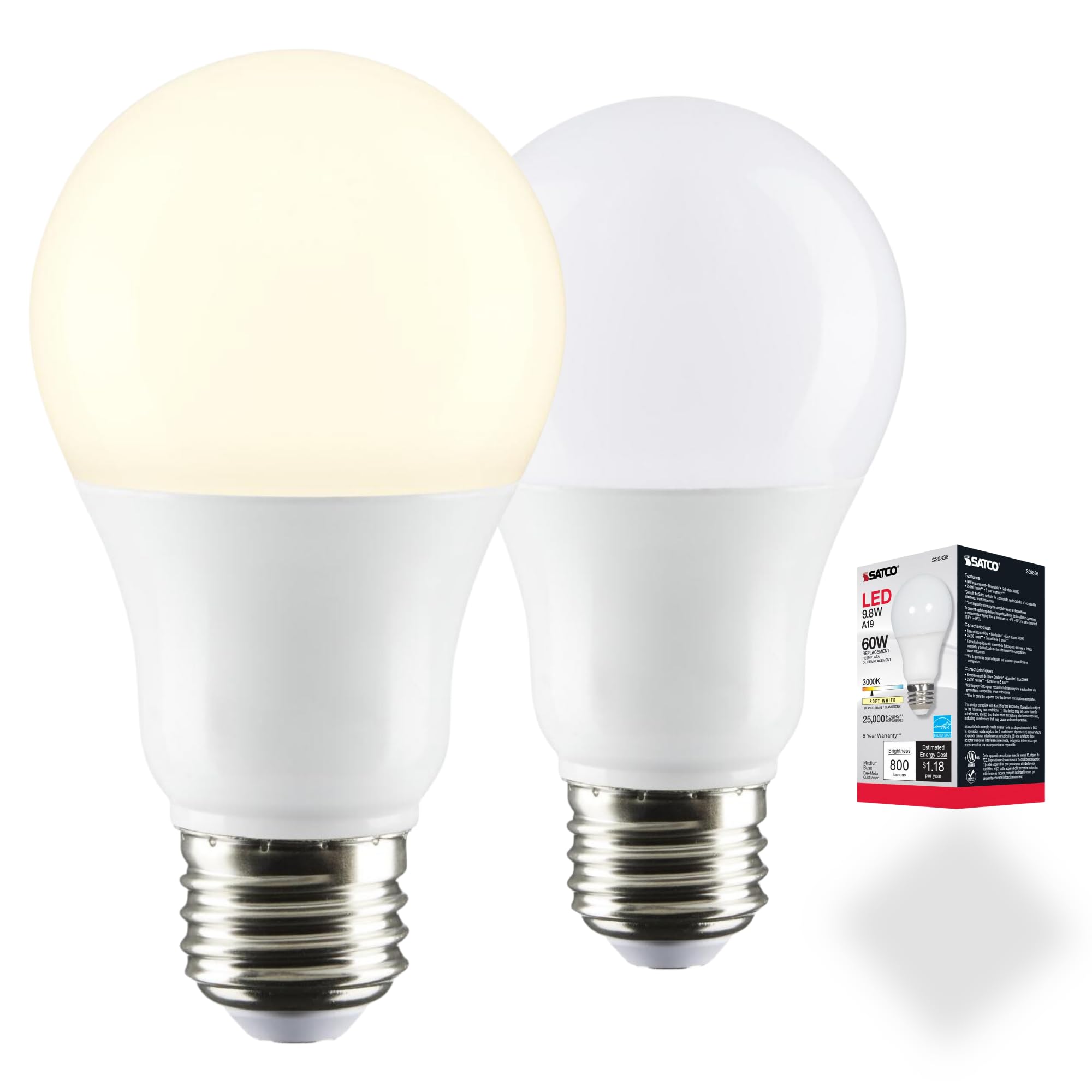 Satco LED Light Bulbs 9.8 Watt A19 Omni-Directional 3000K Soft White Medium Base 220 Deg. Beam Angle 120 Volt for Residential  Retail  Commercial  Industrial (2 LED Light Bulbs)