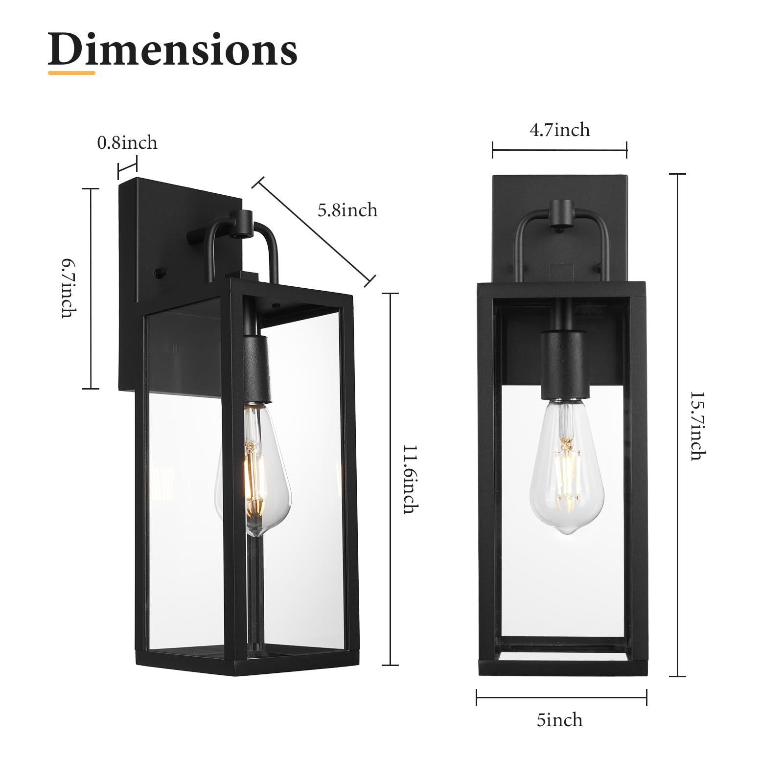 Diyel Transitional Outdoor Wall Sconce Light, 16 Inch Tall Modern Exterior Wall Lighting With Clear Glass, Anti-Rust Powder Coat