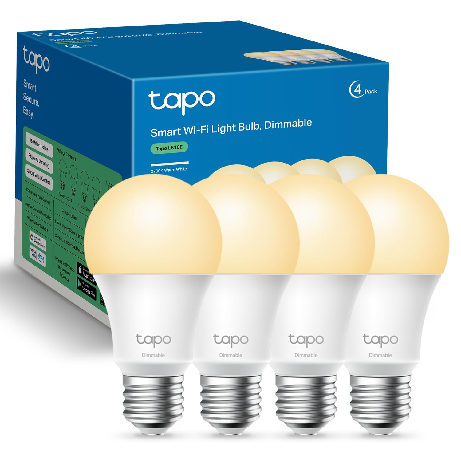 Tapo Tp-Link Smart Light Bulbs, 800 Lumens (60W Equivalent), 2700K Soft Warm White Led Bulb, Dimmable, Compatible With Alexa And Google Home, No Hub Required, A19 E26, L510E (4-Pack)