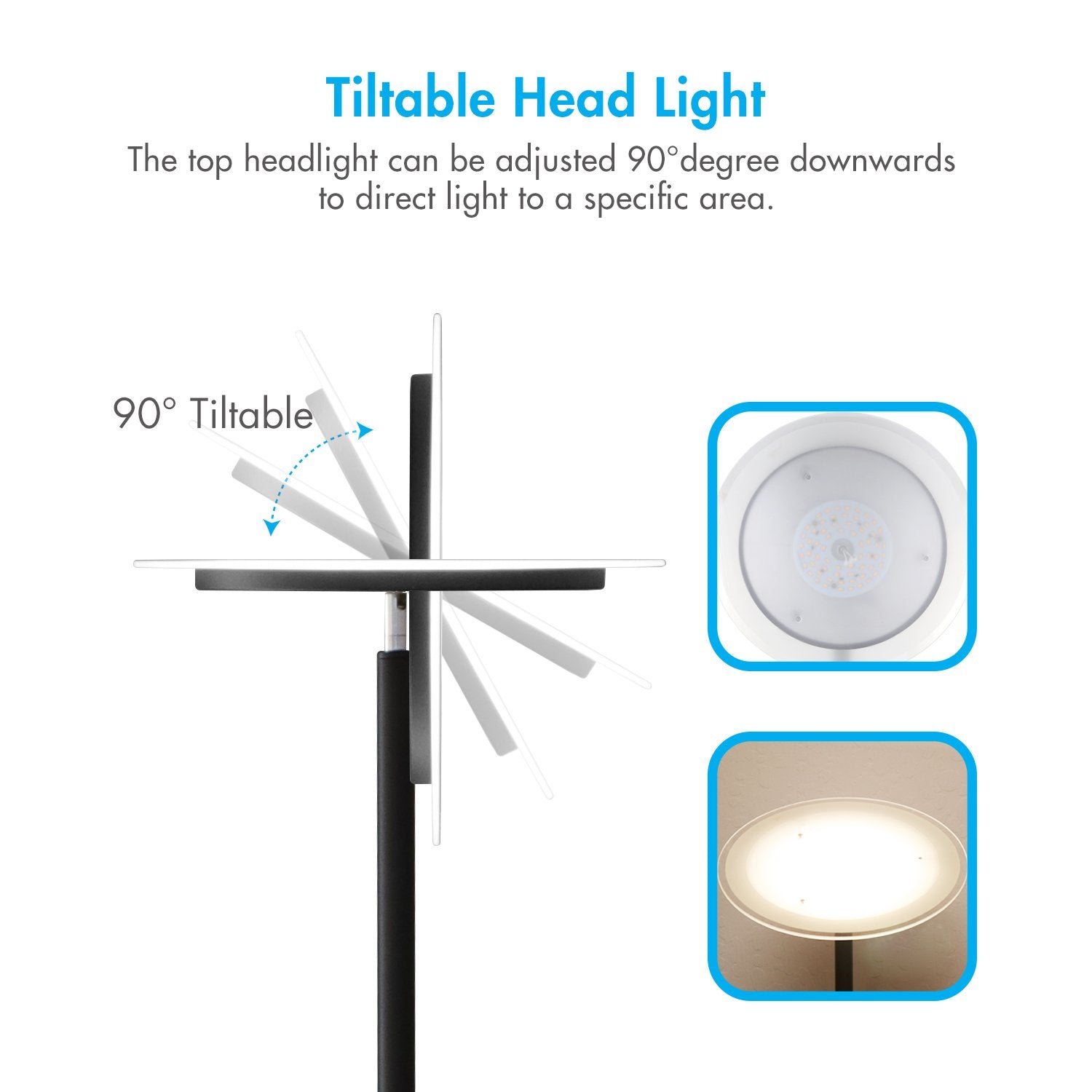 Tenergy Modern Torchiere Floor Lamp - 3000L LED, 30W, Remote Control, Touch Dimmer, Adjustable, Black, Model 59117