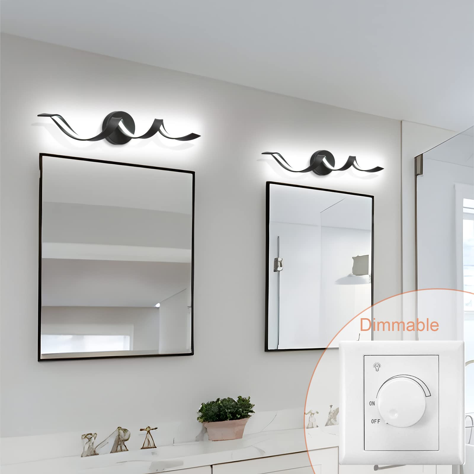 Huoku 24" Dimmable Black Led Bathroom Vanity Light Fixture, 15W Spiral Design, 6000K