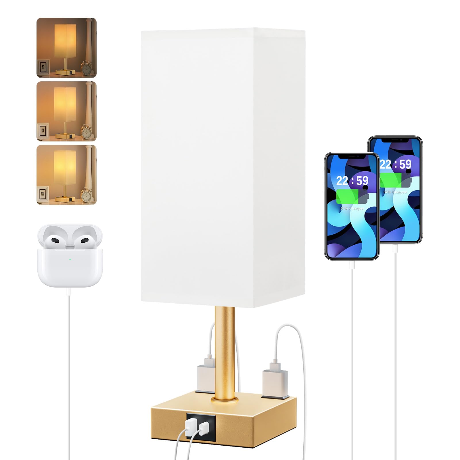 Gold White Touch Table Lamp - Bedside Lamp with USB A + Type C Charging Ports and Two AC Outlets, Small Night Stand with E26 LED