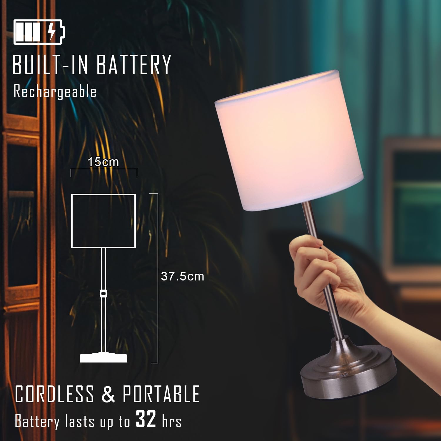 focondot Rechargeable Table Lamp, Wireless LED, Stepless Dimmable, Silver, Model N3