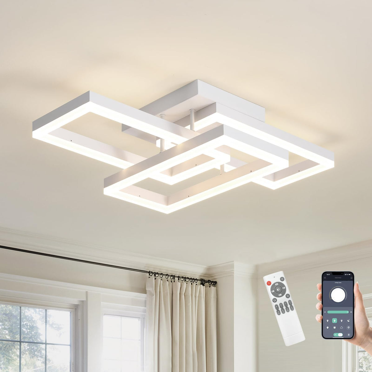 Gngxefaca Modern Led Ceiling Lights Fixture, Black Square Led Flush Mount Ceiling Light, App And Remote Control Dimming 3000K-65