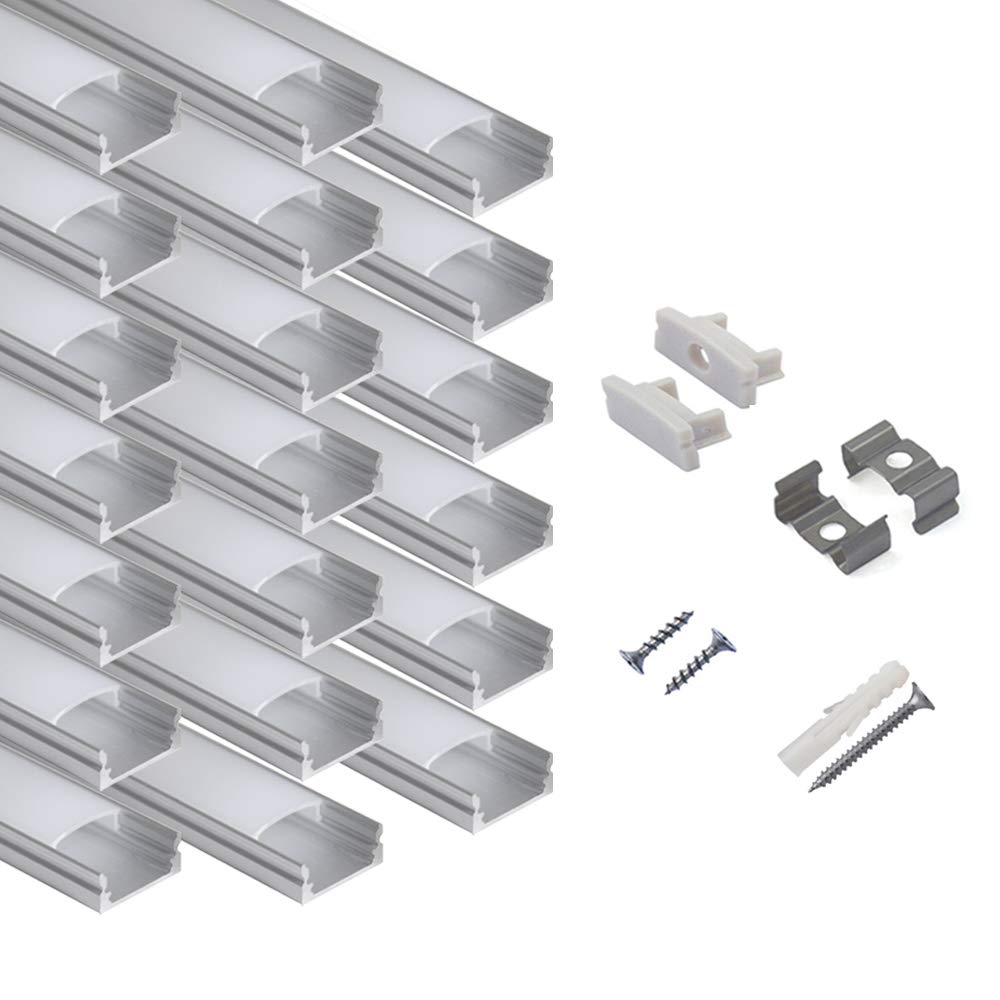hunhun U Shape LED Aluminum Channel System, 20-Pack, 6.6ft, Silver, Model CH-01-10, Easy Installation, Includes Milky Cover & Clips