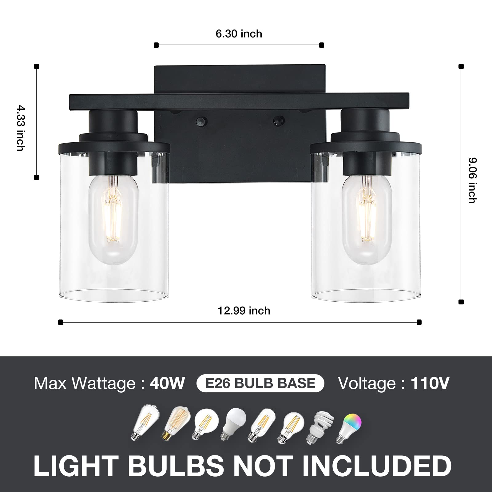 Stambord 2 Light Matte Black Bathroom Vanity Light, Metal Base with Clear Glass Shade, Wall Sconce for Bathroom and Living Room