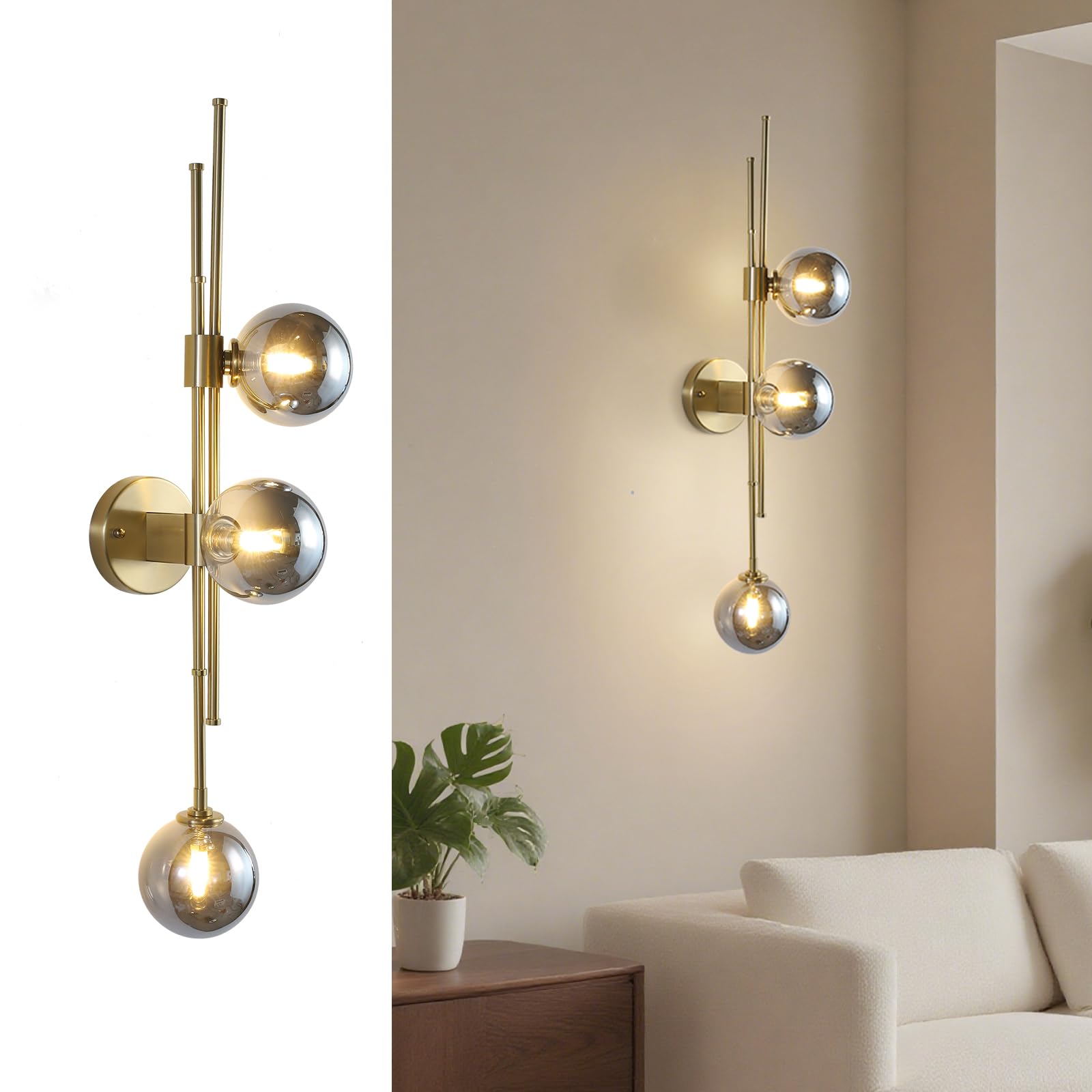 Fulesi Bathroom Vanity Lights  3 Lights Glass Globe Bedside Wall Lamp  Antique Gold Wall Sconces Light Fixtures for Bedroom Living Room Hallway  Smoke Gray Shade