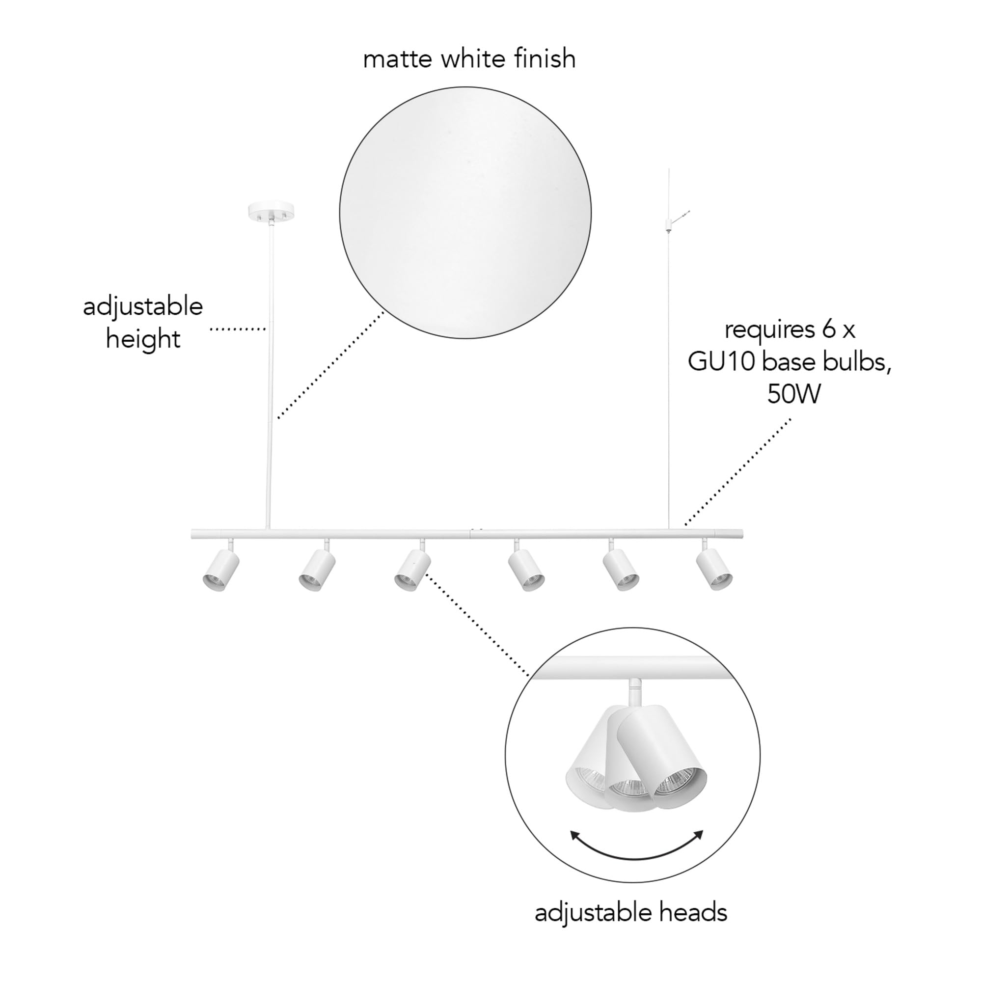 Globe Electric 64000124 55'' 6-Light Adjustable Height Track Lighting, Matte White, Pivoting Track Heads