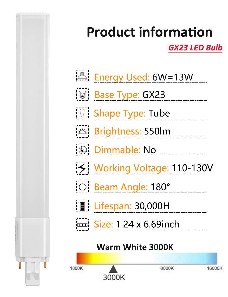 Amazing Power GX23 LED Bulbs 6W 2-Pin PL 3000K Warm White 2-Pack