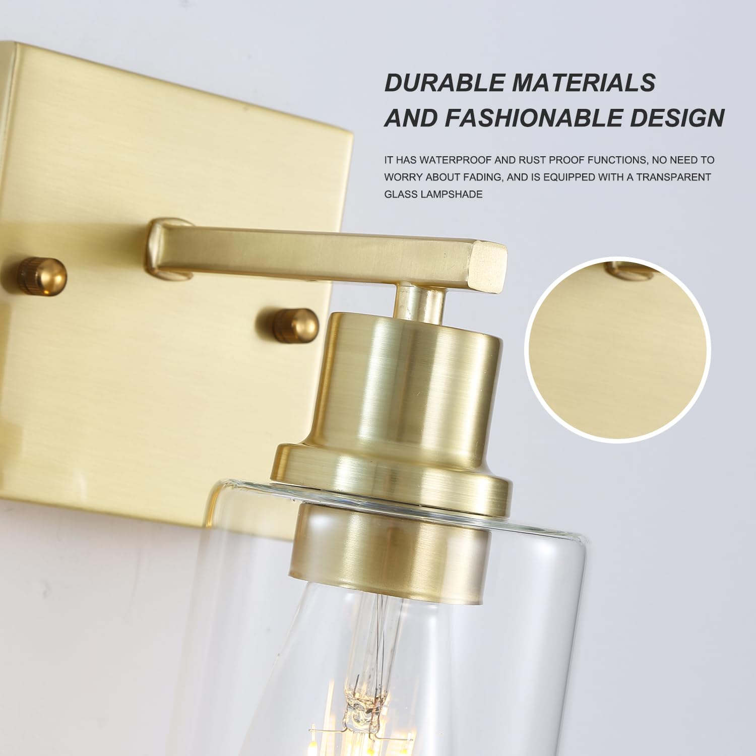 Jodauirt Brass Bedside Wall Sconces Set Of 2, 1-Light Gold Bathroom Vanity Lights Fixtures With Clear Glass Shade, Farmhouse Modern E26 Wall Lamp For Hallway Living Room Bedroom