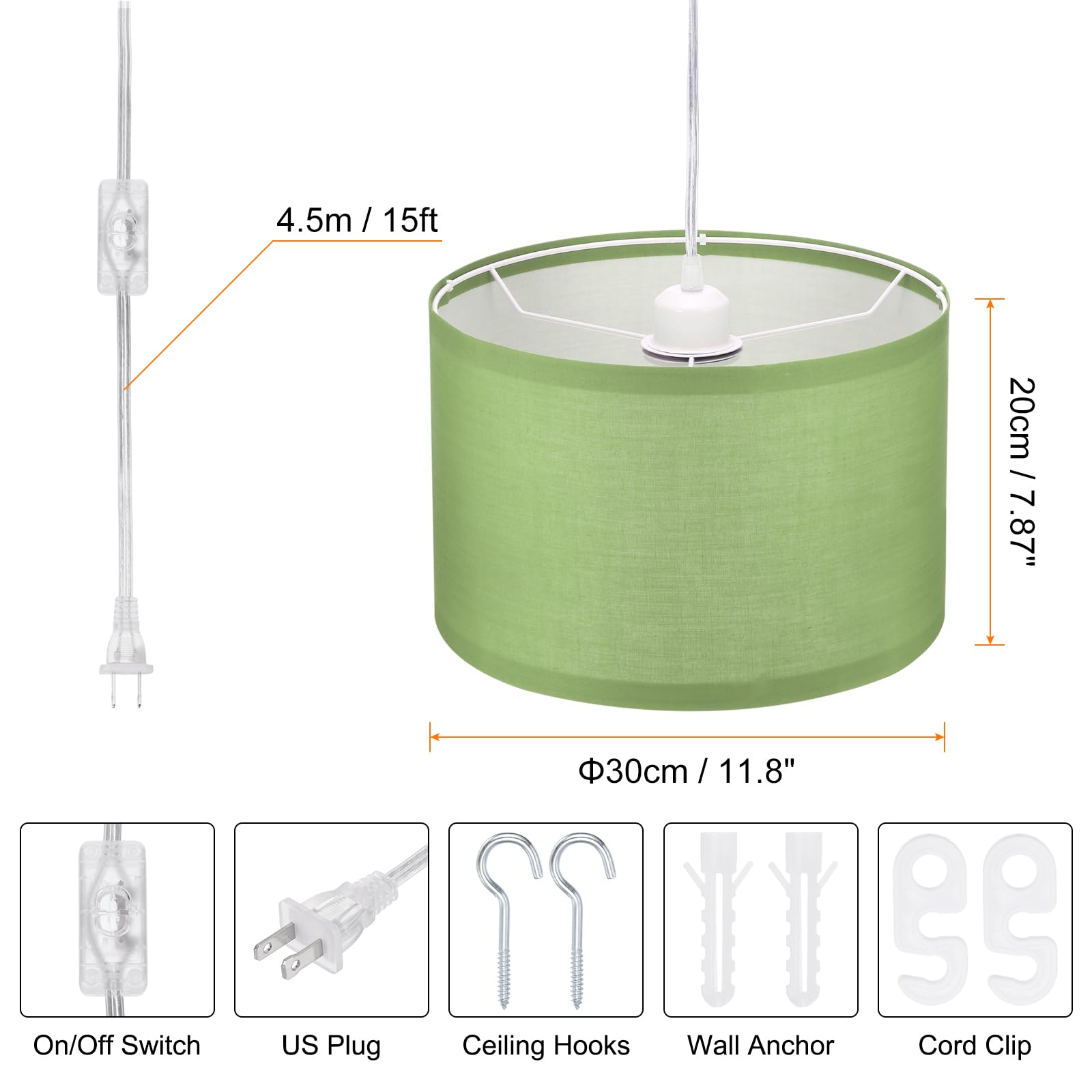 PATIKIL Plug-in Pendant Light with 15Ft Rope Cord, Linen Fabric Shade, E26/E27 Socket, Light Green