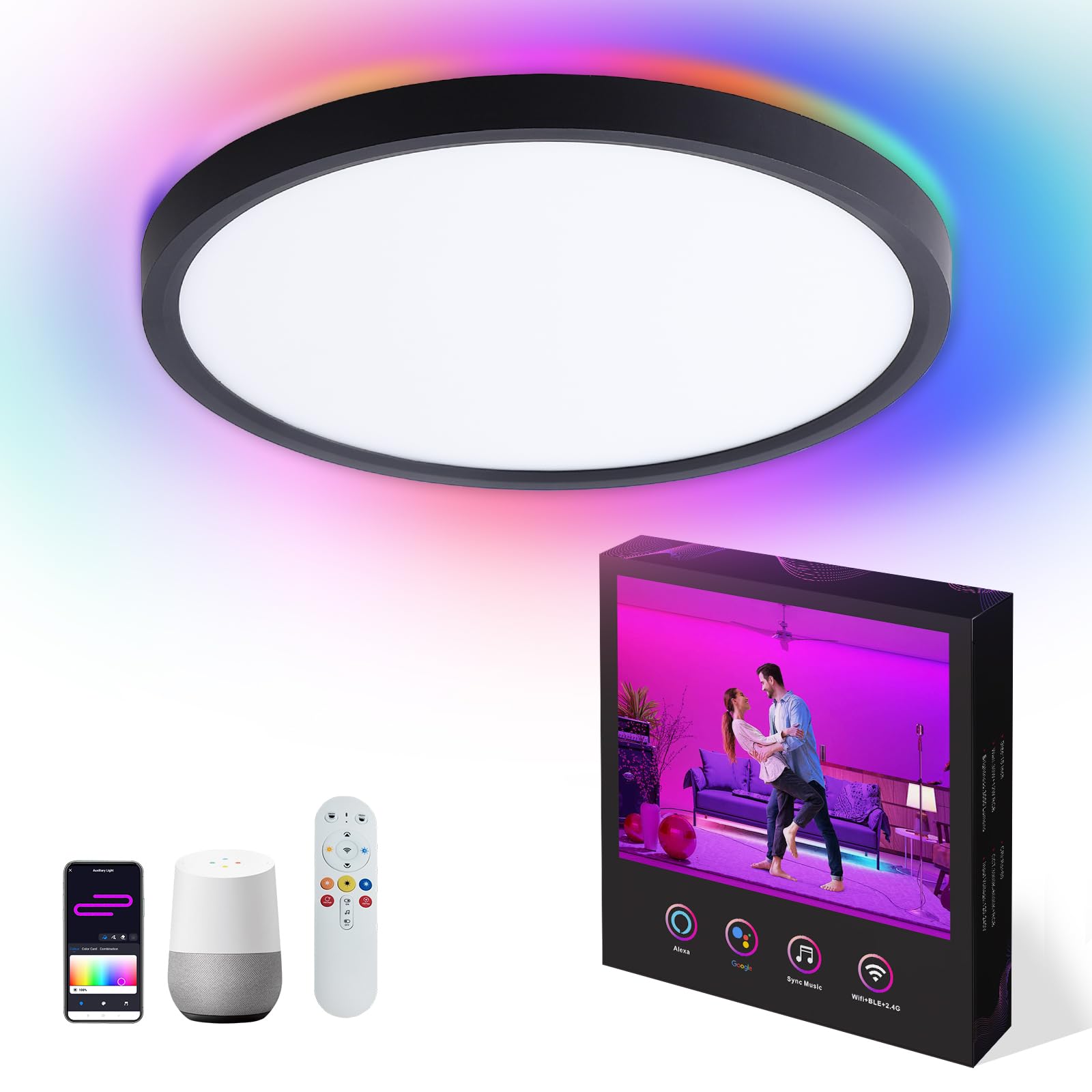 Vocgouu 12 Inch Smart Ceiling Lights Rgb Compatible With Alexa, Remote Control, Wifi And Tuya App - Color Changing Low Profile D