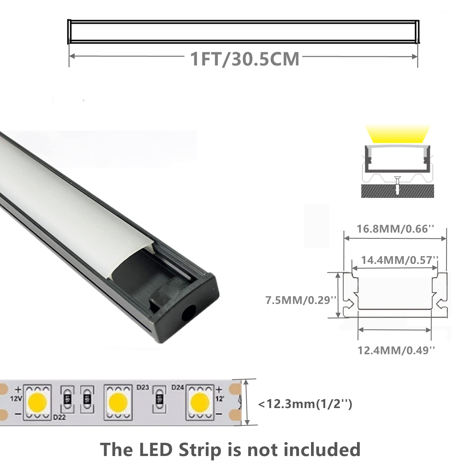 Thmoother Led Strip Black U Channel Diffuser 6-Pack 1Ft,17X7.5Mm Surface Mounted Aluminum Track With Uv Resistance Milky Cover C
