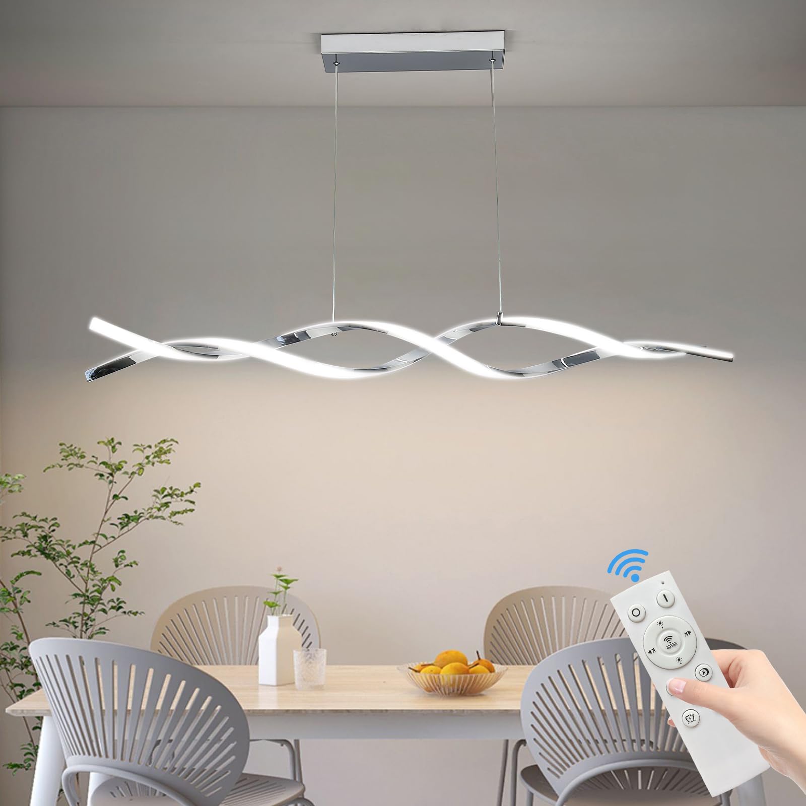 Matven Modern Ceiling Chandelier Light, Acrylic Anti Flicker Pendant Lamp With Remote Control Dimmable 3 Color Mode & Brightness (Warm Cool Neutral Light) For Kitchen Bar(Silver)
